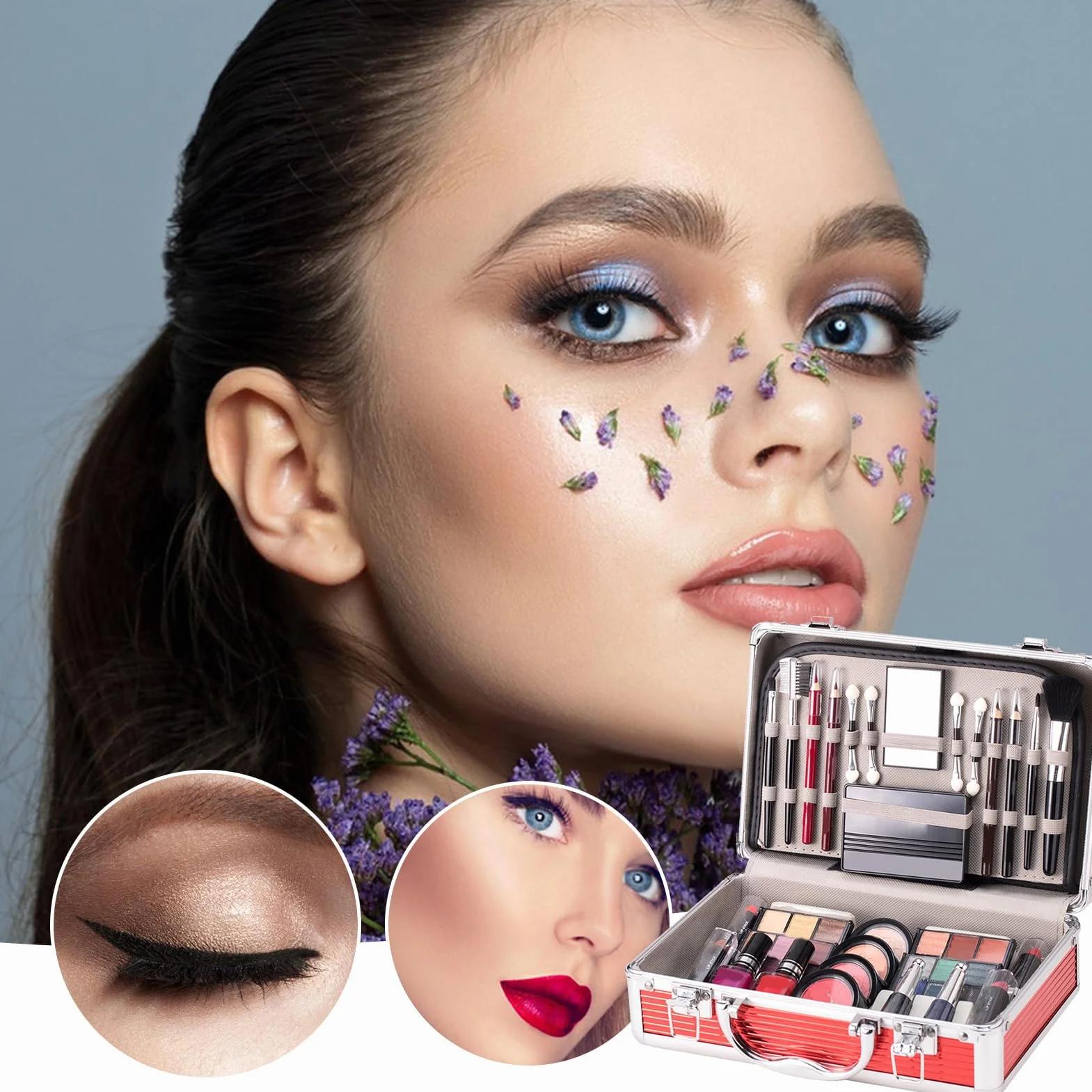Kit de démarrage de pour adolescents, kit de pour | femme, kit complet pour débutant avec trousse, fard à paupières, blush, crayon à sourcils, rouge à lèvres,