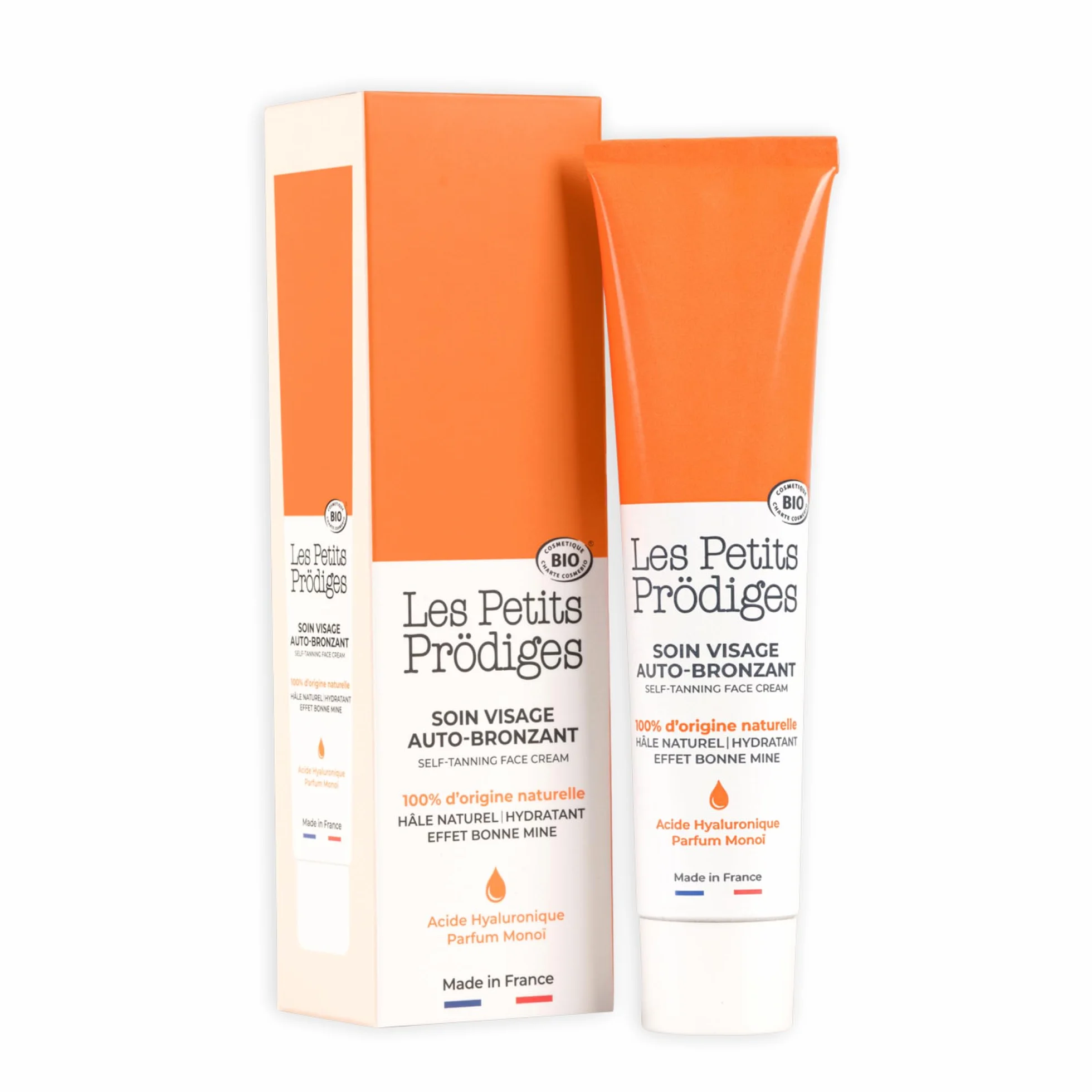 LES PETITS PRODIGES Auto bronzant Soin Visage Hydratant - Hâle Progressif et Durable sans Soleil - Senteur Monoï 100% d'Origine Naturelle, Certifié Bio, Emballage recyclable -Fabriqué en France - 40ml