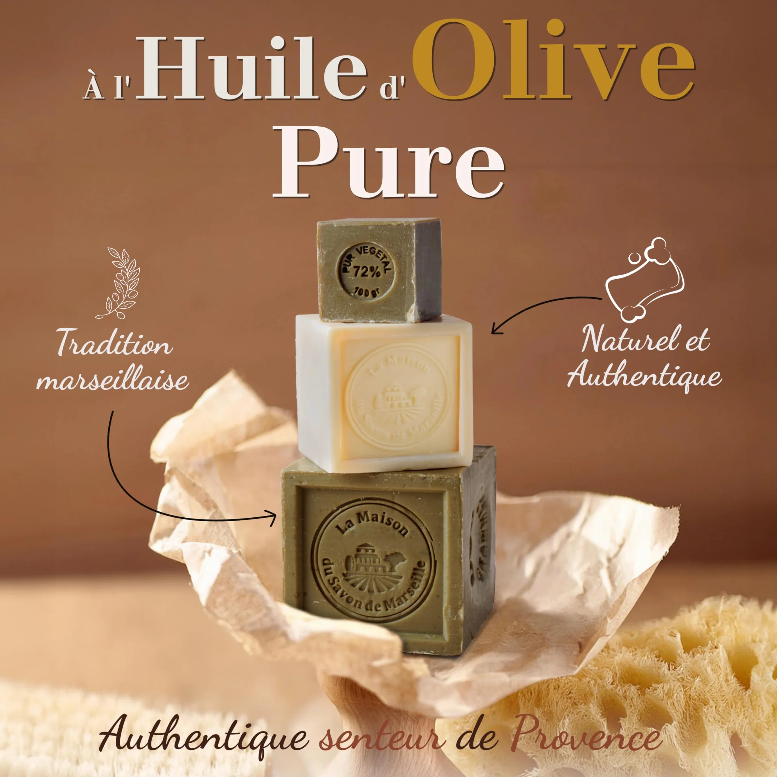 Savon de Marseille Solide 300g 72% Huiles Huile d'Olive & Coprah Cuit au Chaudron