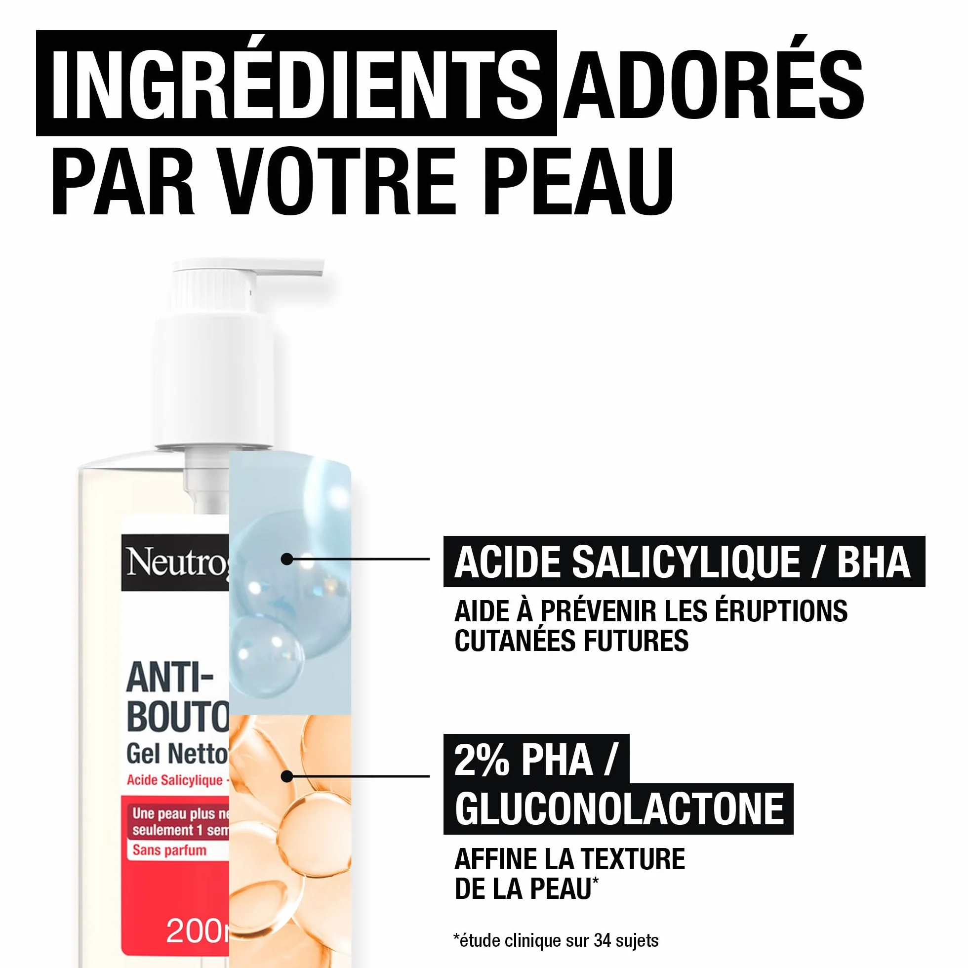 Neutrogena Gel Nettoyant Anti-Boutons Acide Salicylique 2% PHA 200 ml Soin Visage Peaux Acnéique