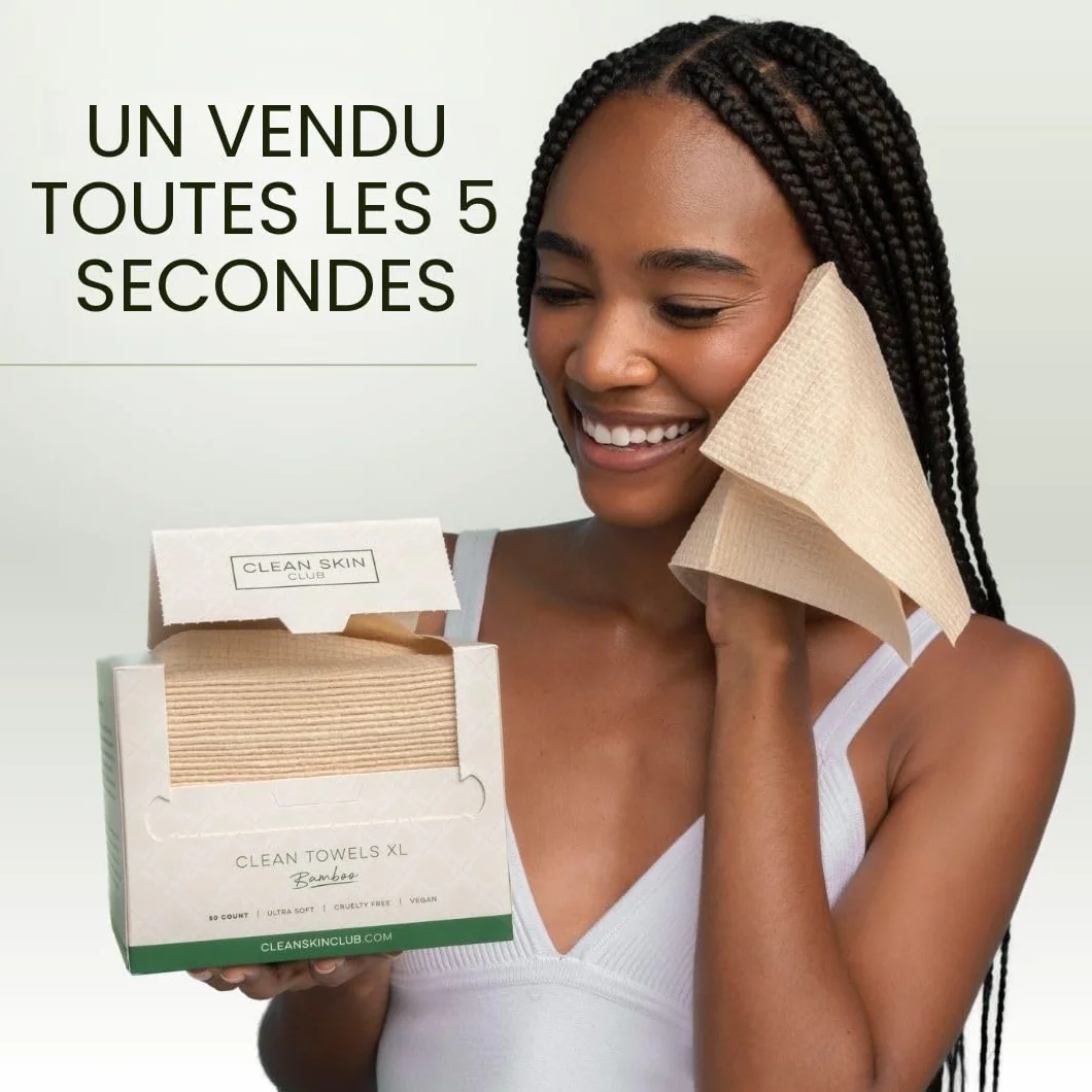 Clean Skin Club Bamboo Viscose Clean Towels XL lingettes visage 100% biosourcées USDA jetables démaquillantes 50 unités