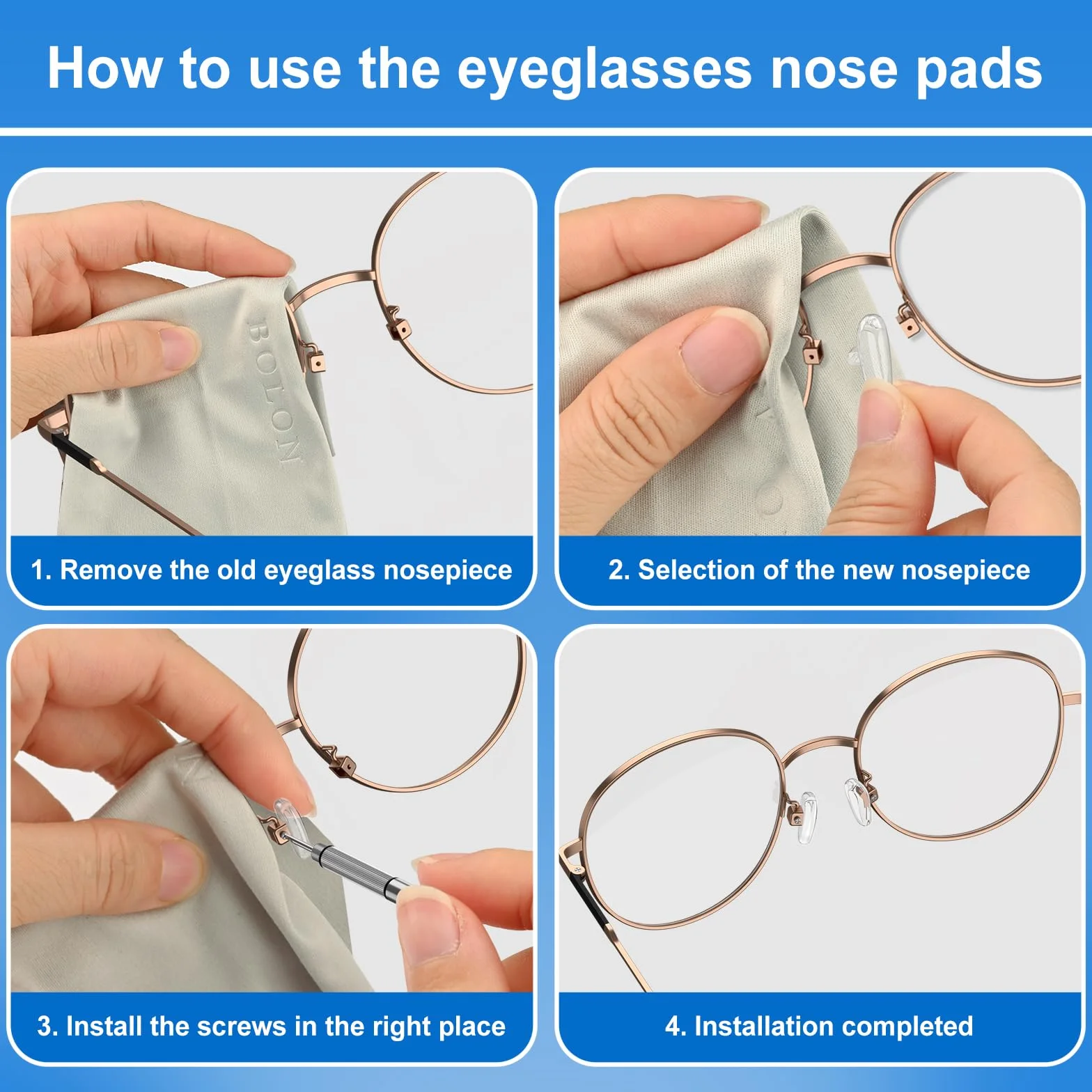 Plaquettes de Nez de Lunettes en Silicone 10 Paires, Kit de Réparation avec Vis Pincette et Chiffon