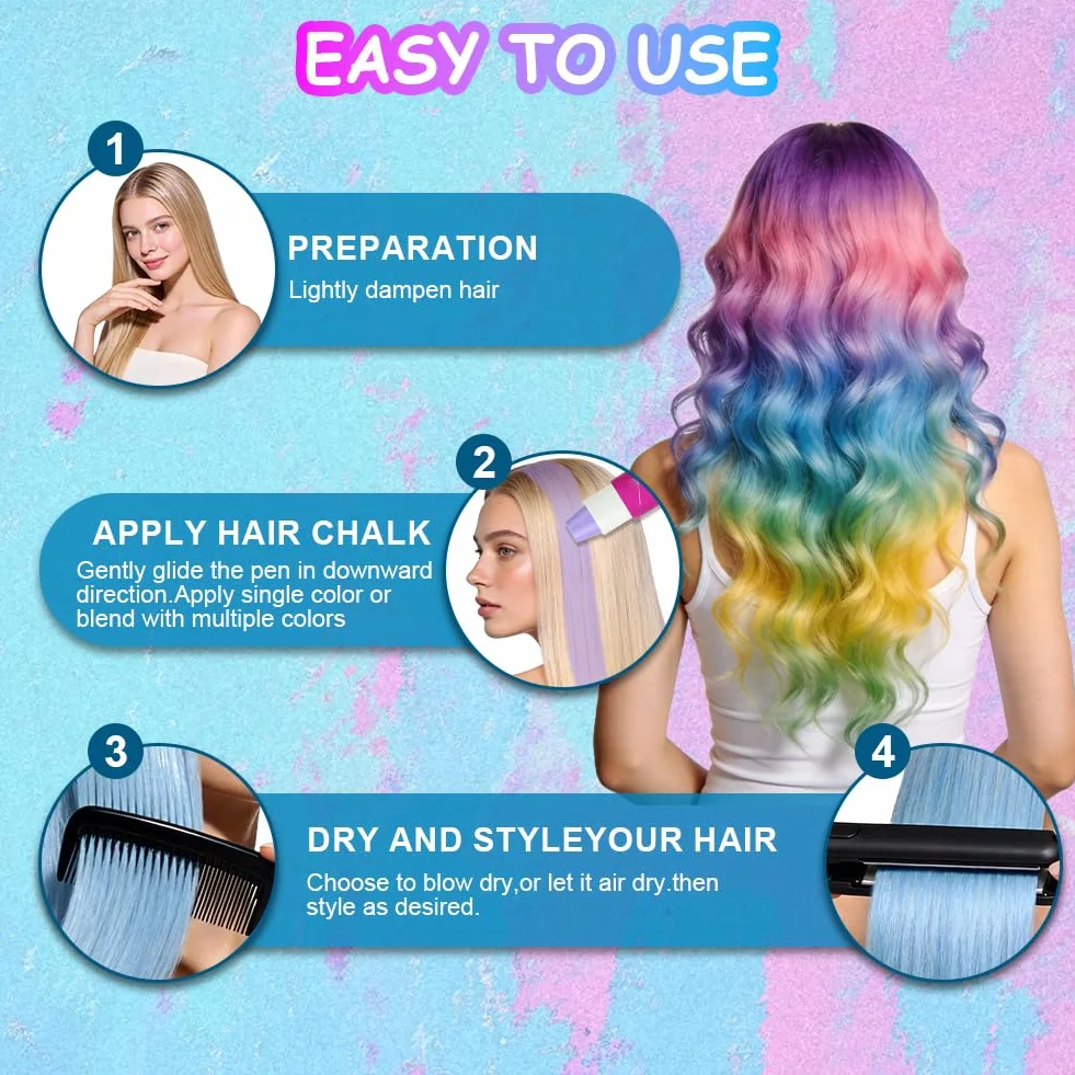 Craies colorantes temporaires pour cheveux, 10 pièces, non toxiques, faciles à laver, métalliques et pailletées