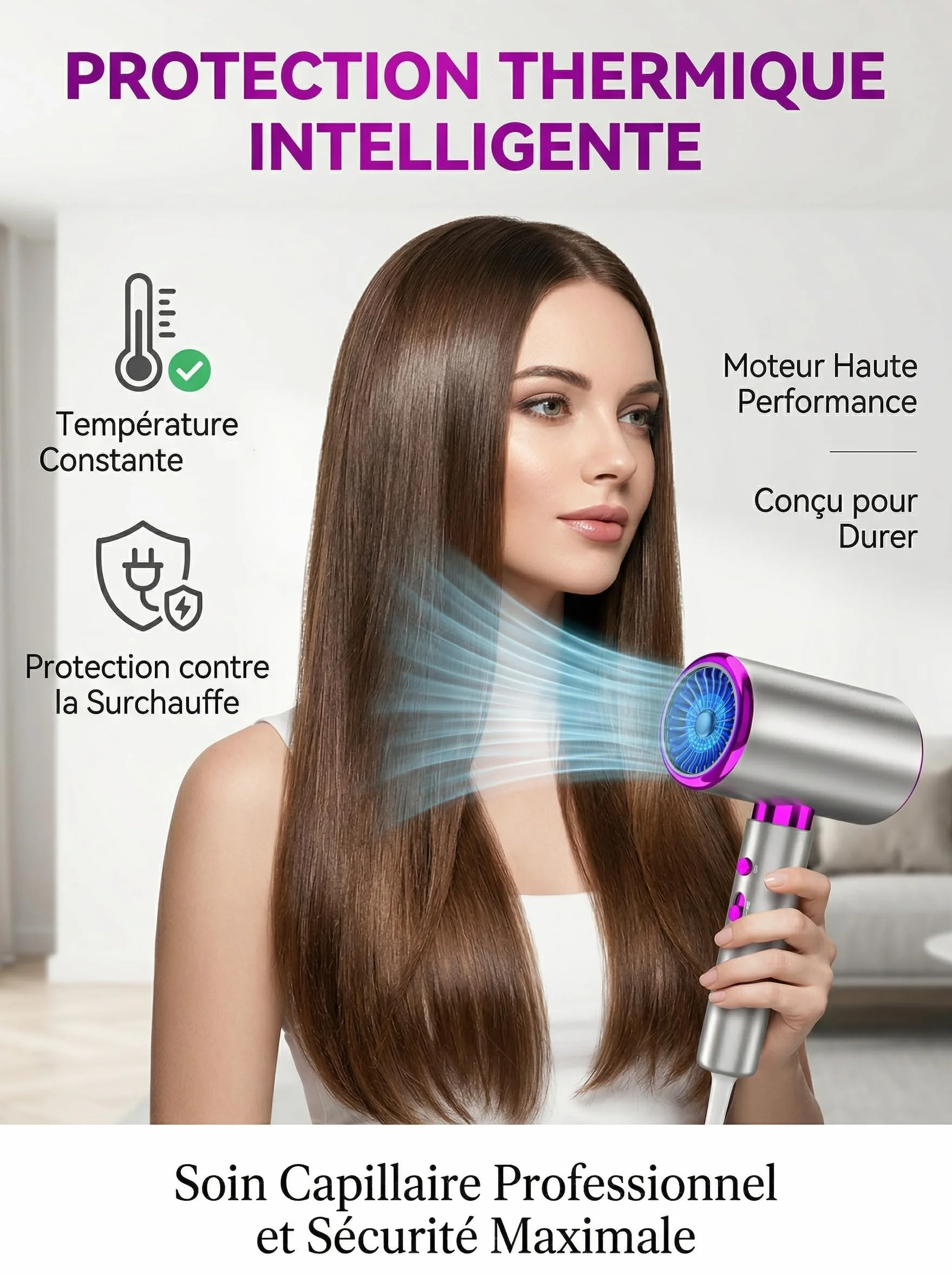 Sèche Cheveux Ionique 2400W Diffuseur Boucles 3 Températures 2 Vitesses Air Froid
