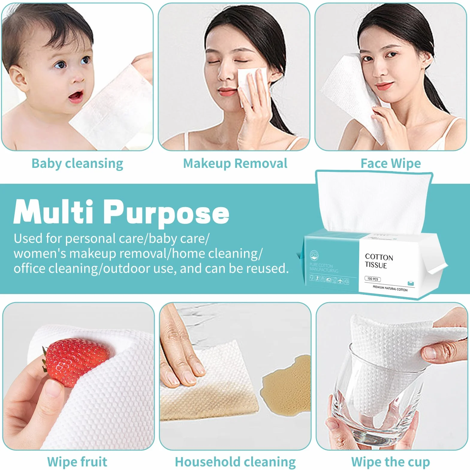 Serviettes Jetables Visage 100 Pièces Coton Doux Biodégradables Démaquillant Nettoyage