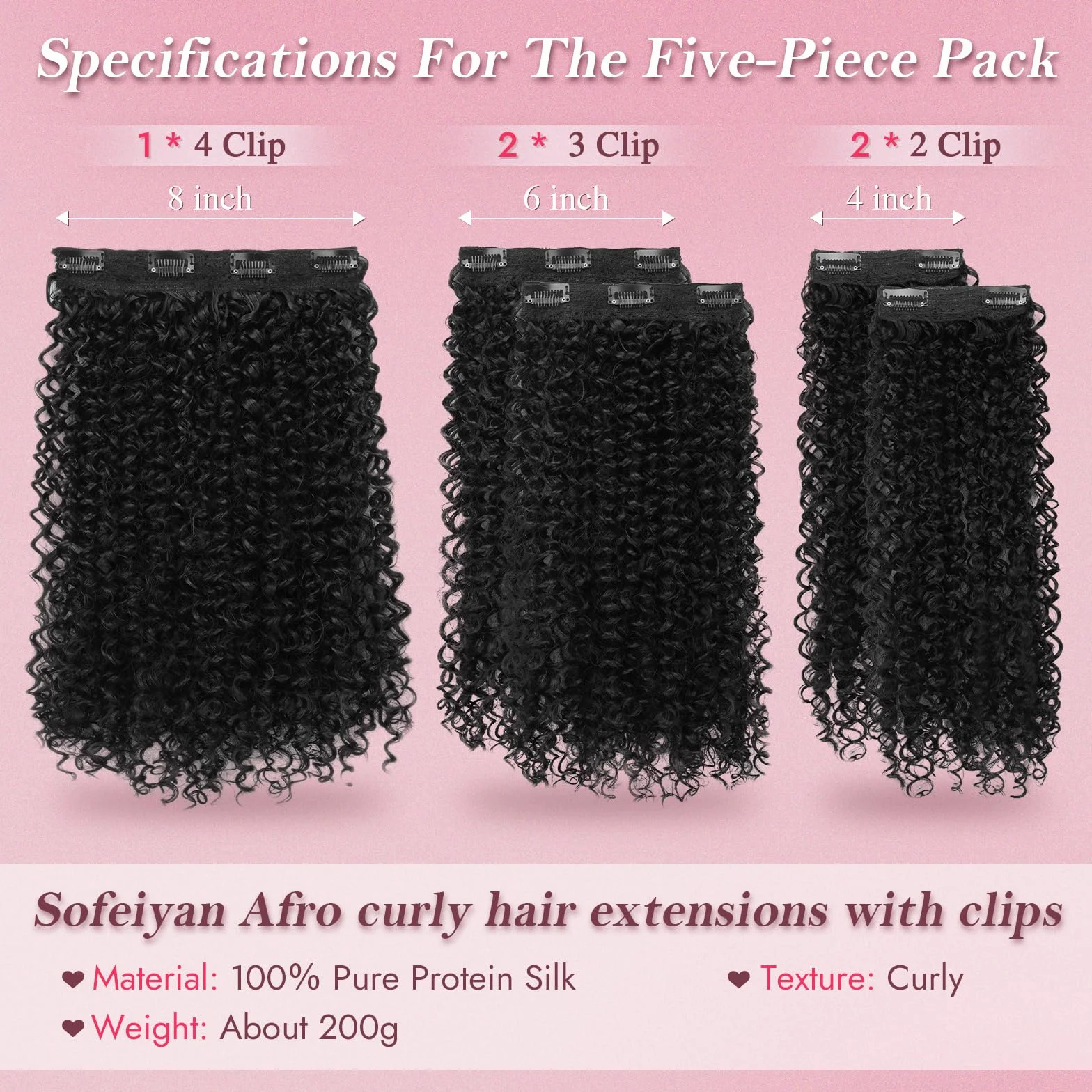 Sofeiyan 5 Pièces Afro Bouclé Extensions de Cheveux à Clips,40 cm Curly Bouclées Naturel Extensions de Cheveux Pour Femmes,Postiches Capillaires 100% Soie Protéinique Pure,Noir Naturel