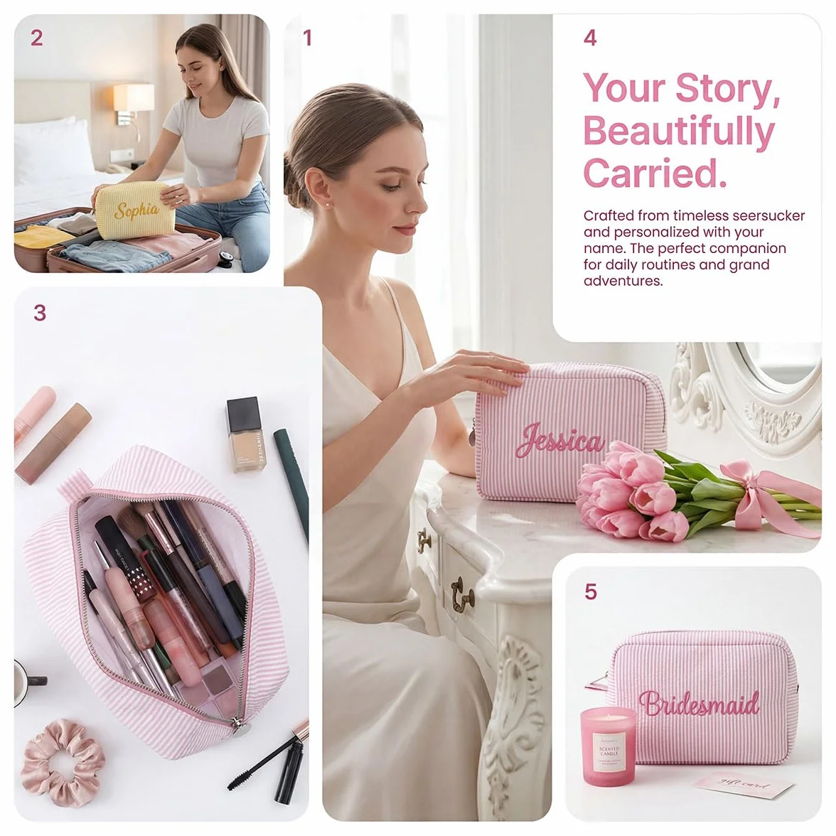 Sac de maquillage en seersucker brodé personnalisé, pochette cosmétique rayée, trousse de toilette de voyage légère
