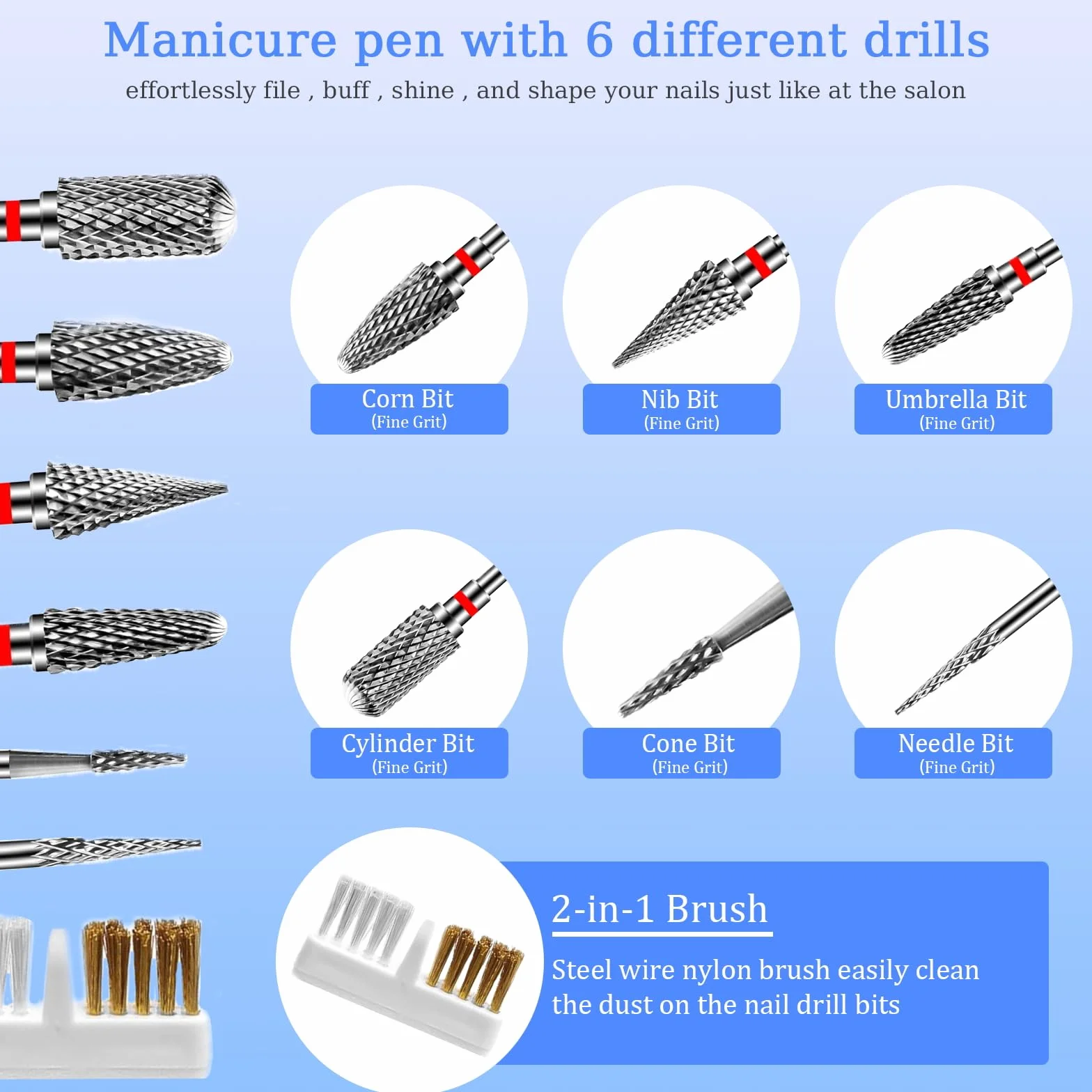 Embout Ponceuse Ongles, 6Pcs Forets à Ongles Tungstène, 1 Pinceau, Embout Depose Ponceuse Ongles Professionnel pour Manucure et Pédicure, Enlever le Gel et Les Cuticule (StilC)