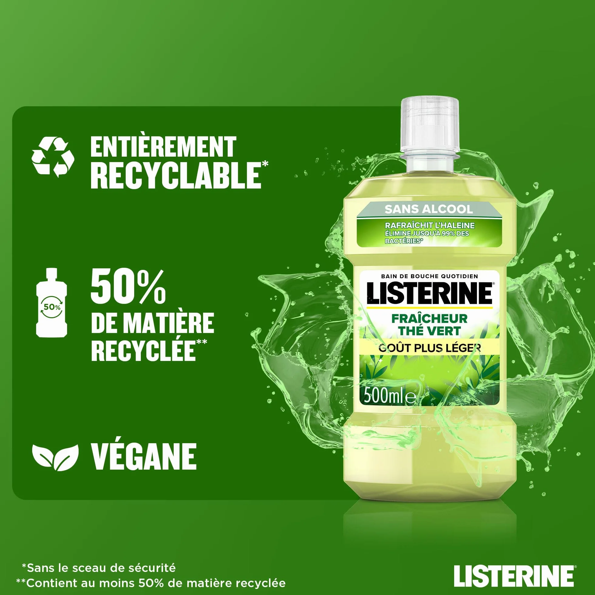 Listerine Bain de Bouche Fraîcheur Thé Vert 0% Alcool 500 ml Haleine Fraîche
