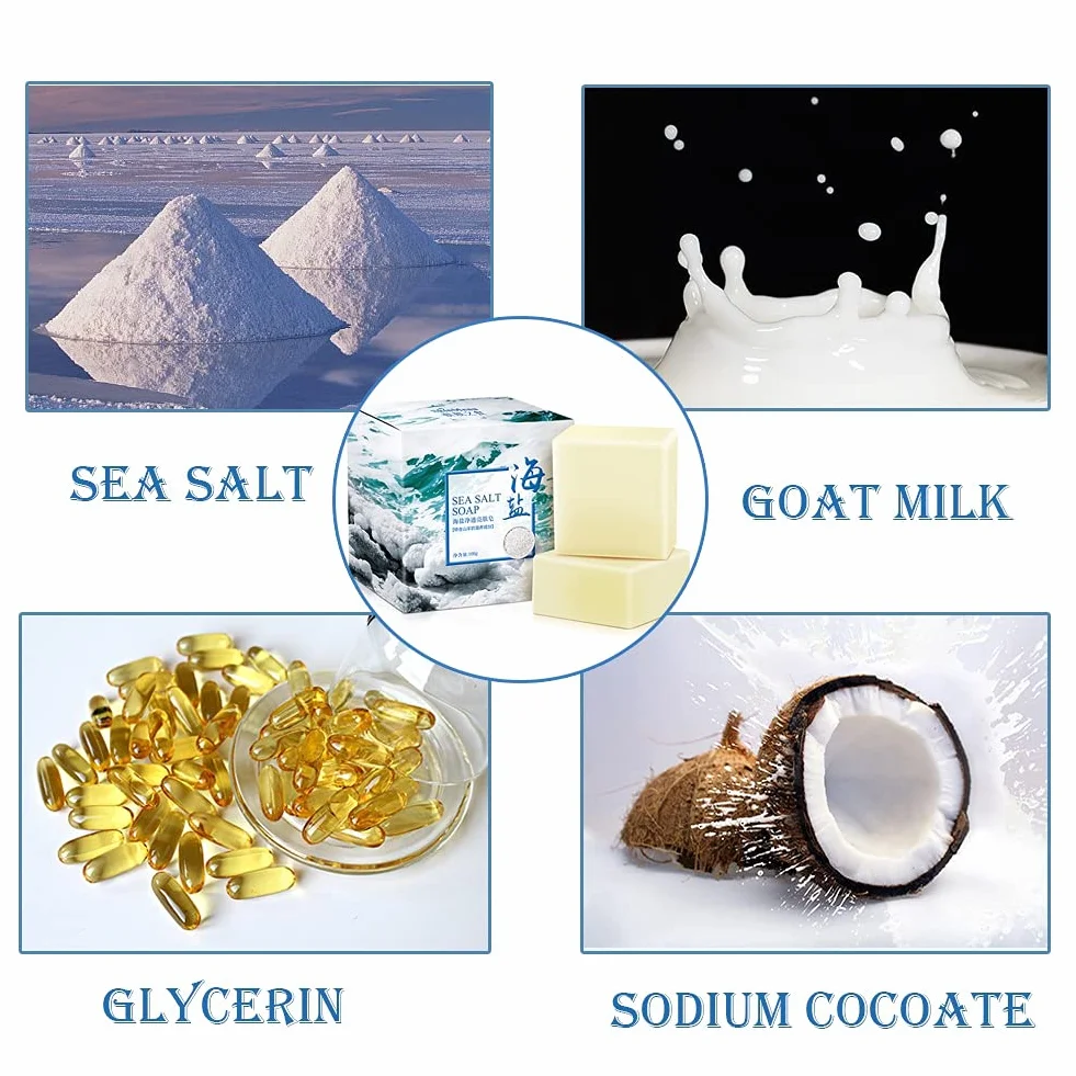 Savon au sel de mer naturel au lait de chèvre, nettoyage hydratant visage peaux sèches et grasses 100G