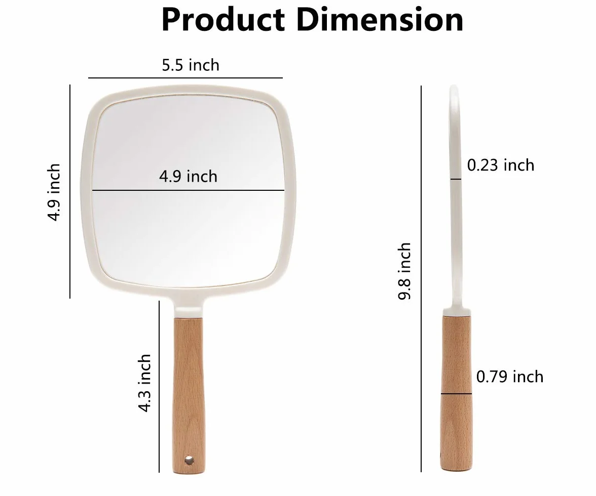 YEAKE Miroir à main en bois avec poignée pour maquillage rasage, miroir de courtoisie portable unilatéral carré