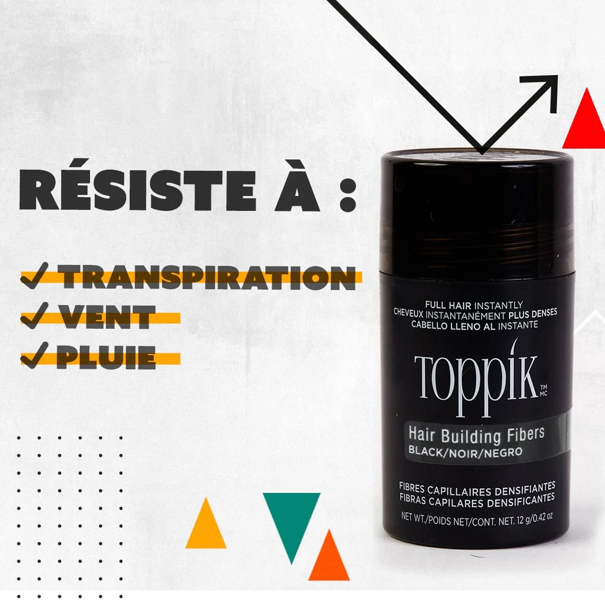 TOPPIK Fibres Capillaires Densifiantes Kératine Noir 27,5g Cheveux Aspect Naturellement Epais Racines Ligne Frontale Barbe Calvitie