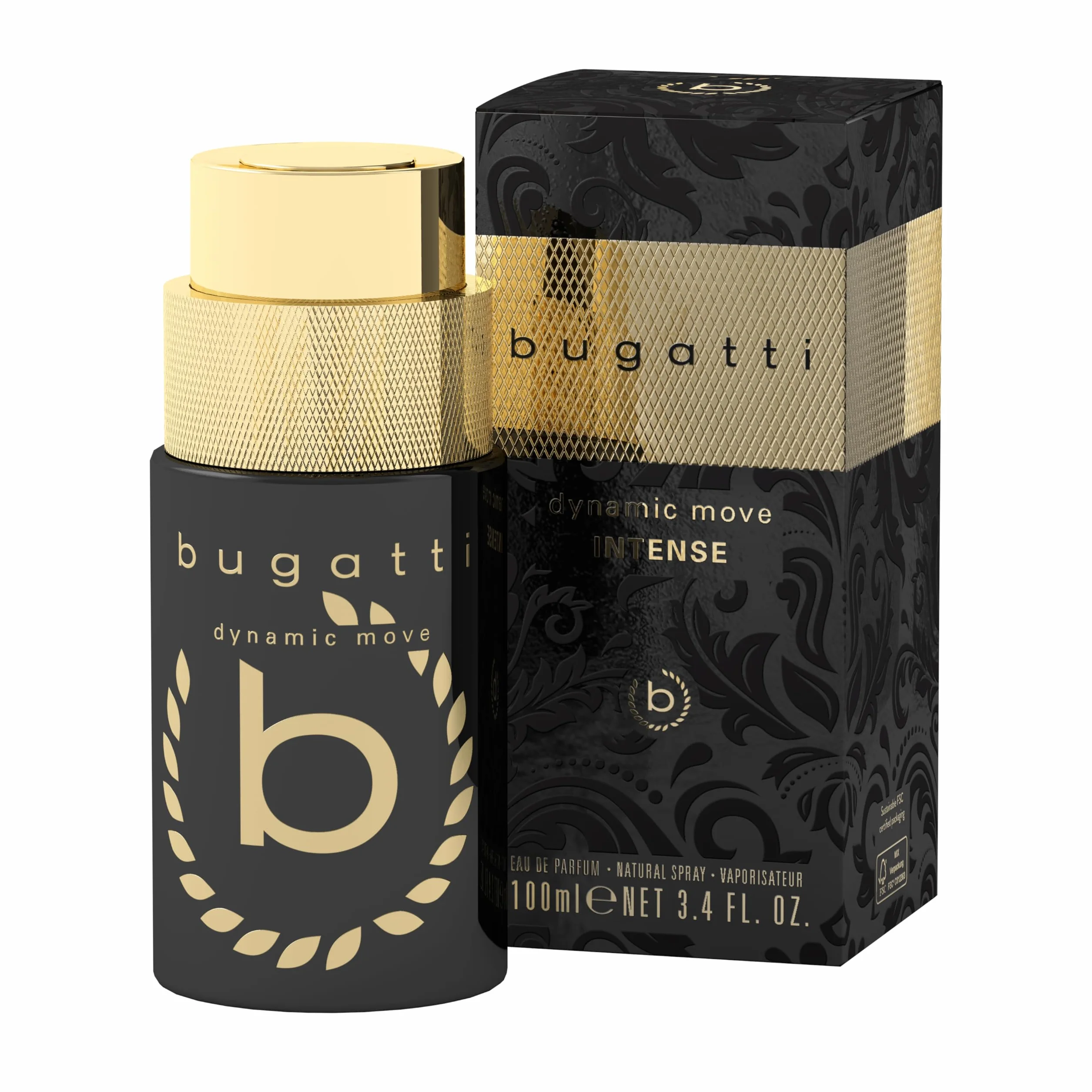 bugatti dynamic move intense Parfum pour homme 100 ml I Eau de toilette ambrée épicée I Parfum pour homme avec nuances de citron, noix de coco, patchouli, vanille et bois de santal I Parfum souverain