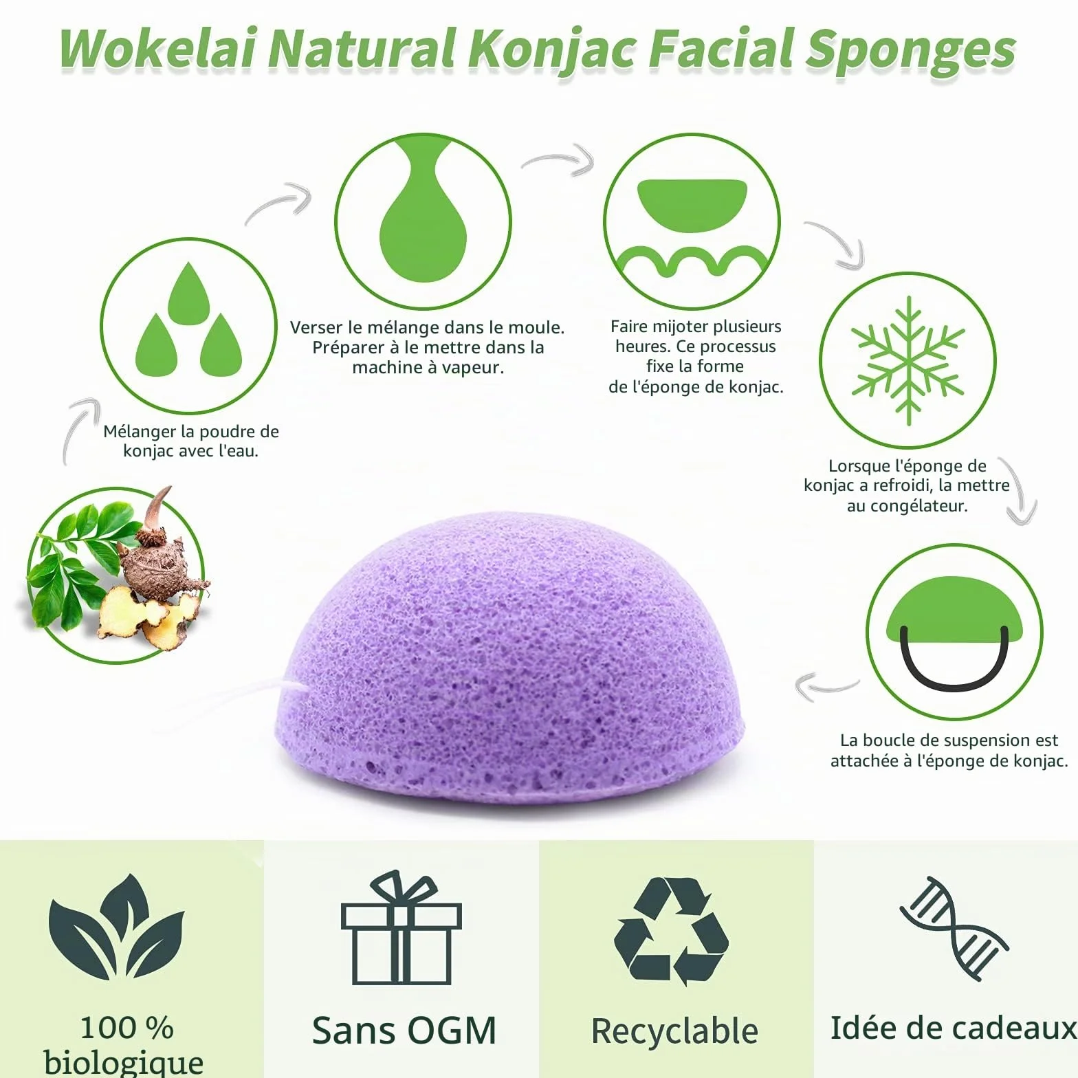 Lot de 6 éponges Konjac naturelles pour le visage avec charbon actif et aloe vera