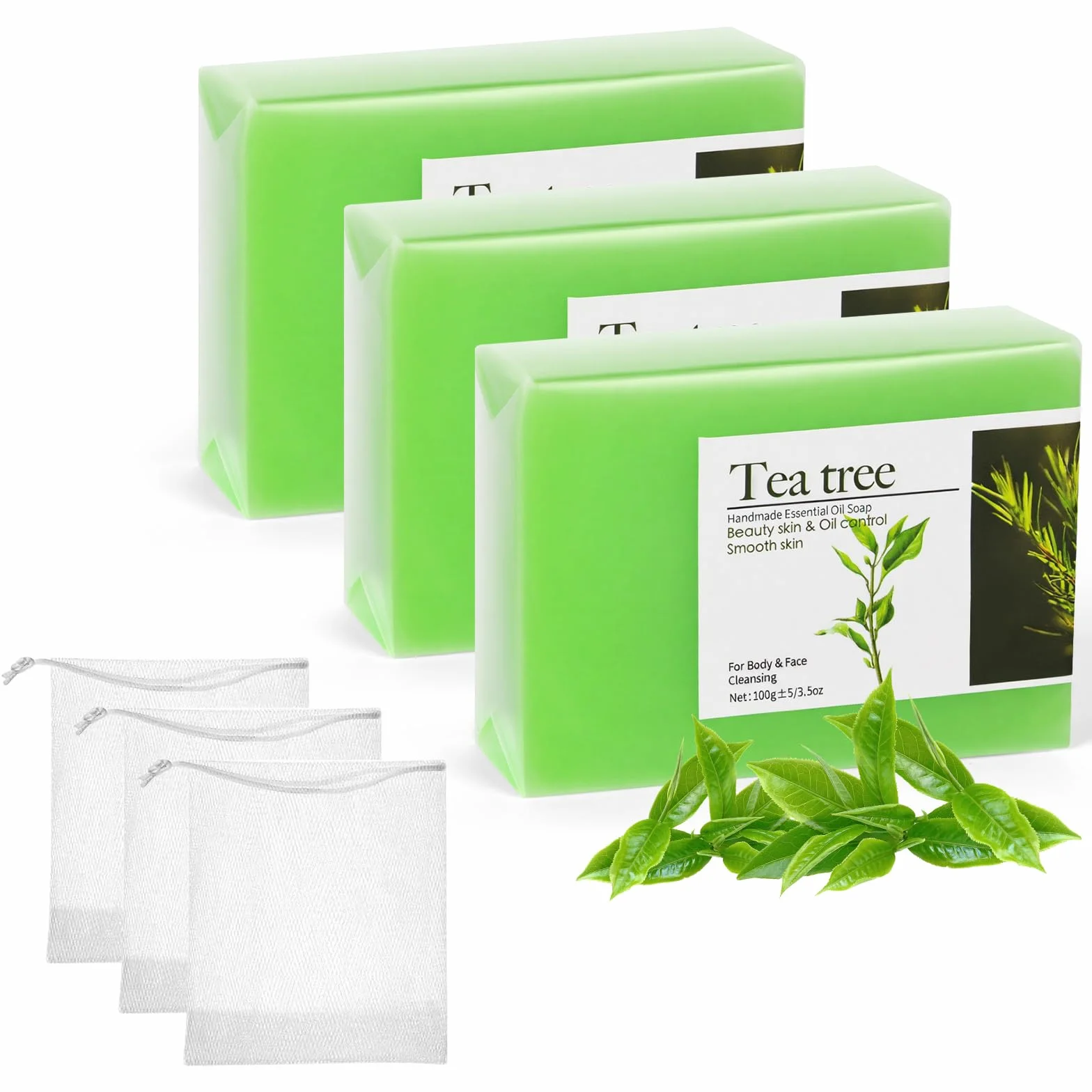 Savon Tea Tree Lot de 3, Savon à l’huile d’Arbre à Thé, Savon Visage & Corps, Naturel Artisanal, 3x100g