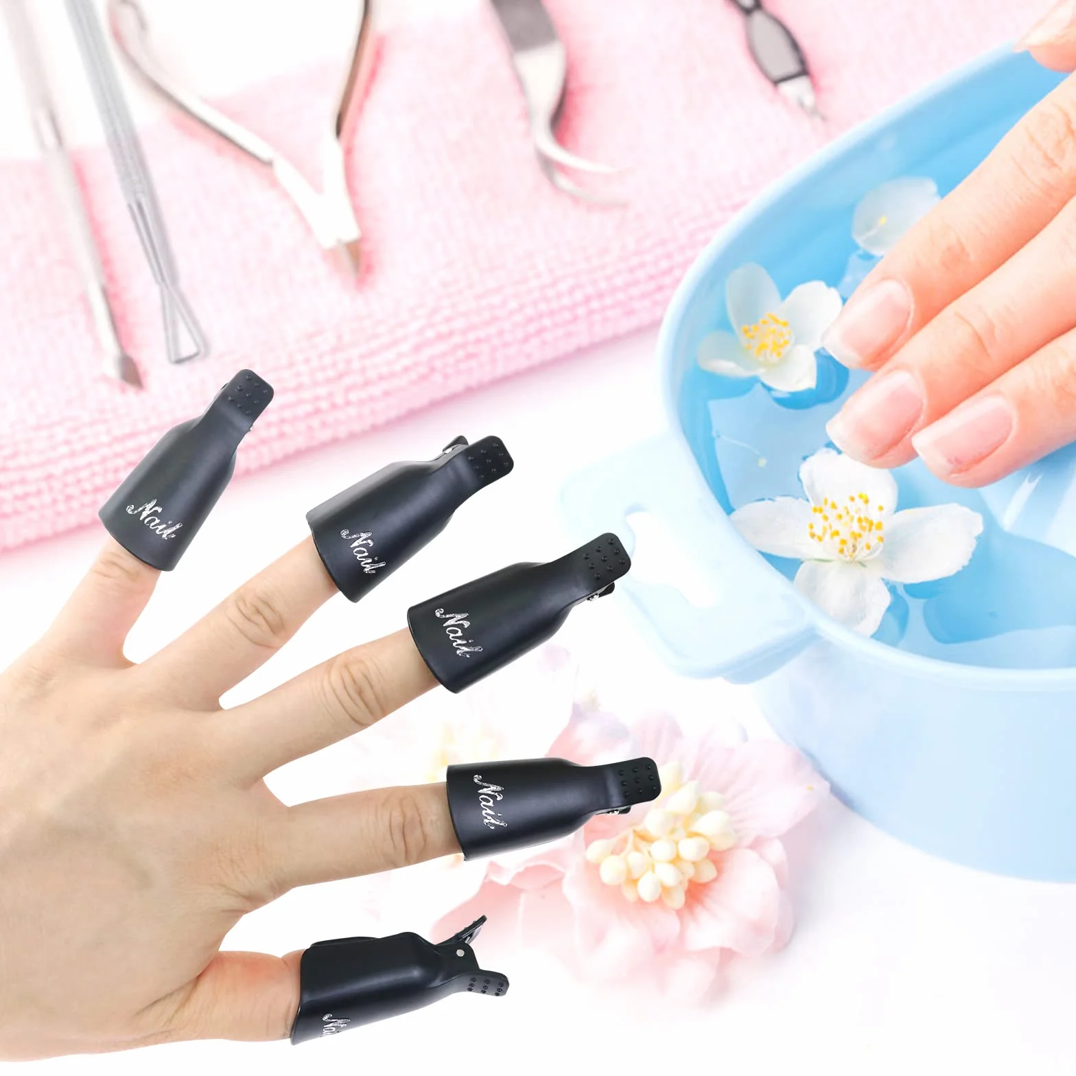 Capuchon Ongle, Clips et Vernis Acrylique, Dissolvant, Clips Gel, Grattoir, Poussoir Cuticules (Noir)