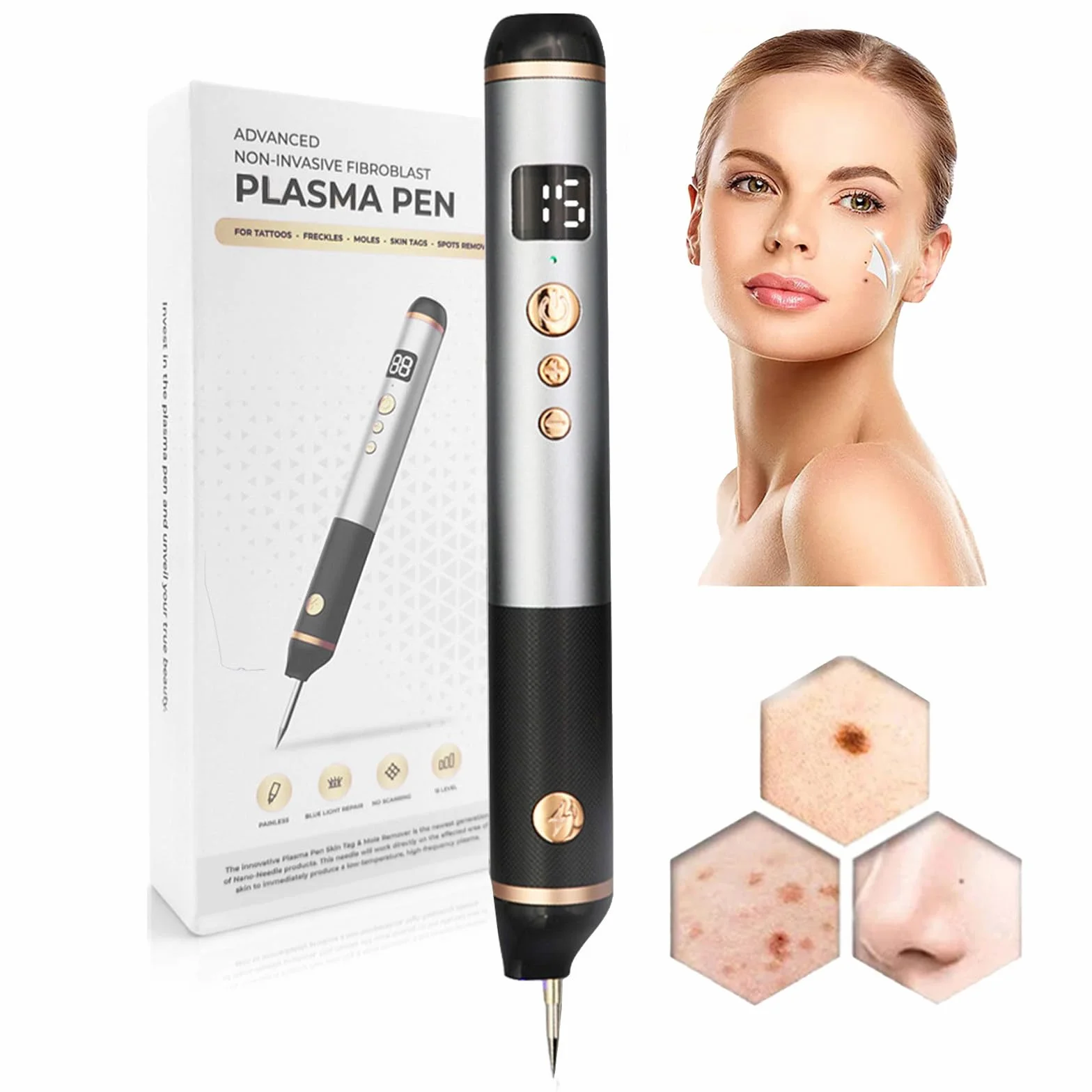Stylo Plasma électrique à 15 Niveaux Réglables Rechargeable Par USB, Pour L'élimination Des Grains De Beauté,Verrues,Taches De Rousseur Et Taches Brunes,Sûr Et Indolore,Il N'irrite Pas La Peau