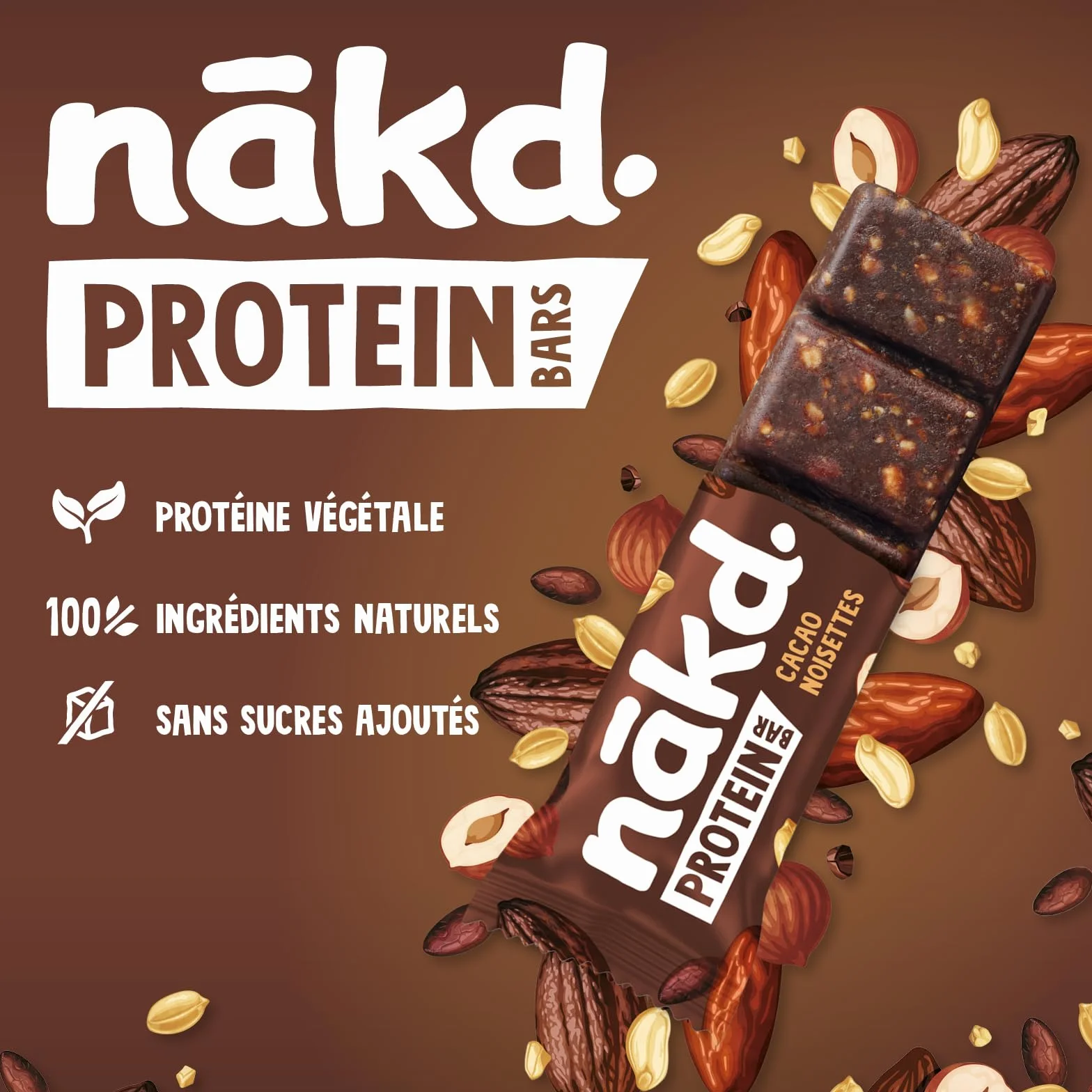 Nākd. Protein Barre Cacao Noisette 45g 7g Protéines Végétales Vegan Sans Sucres Ajoutés 16x45g