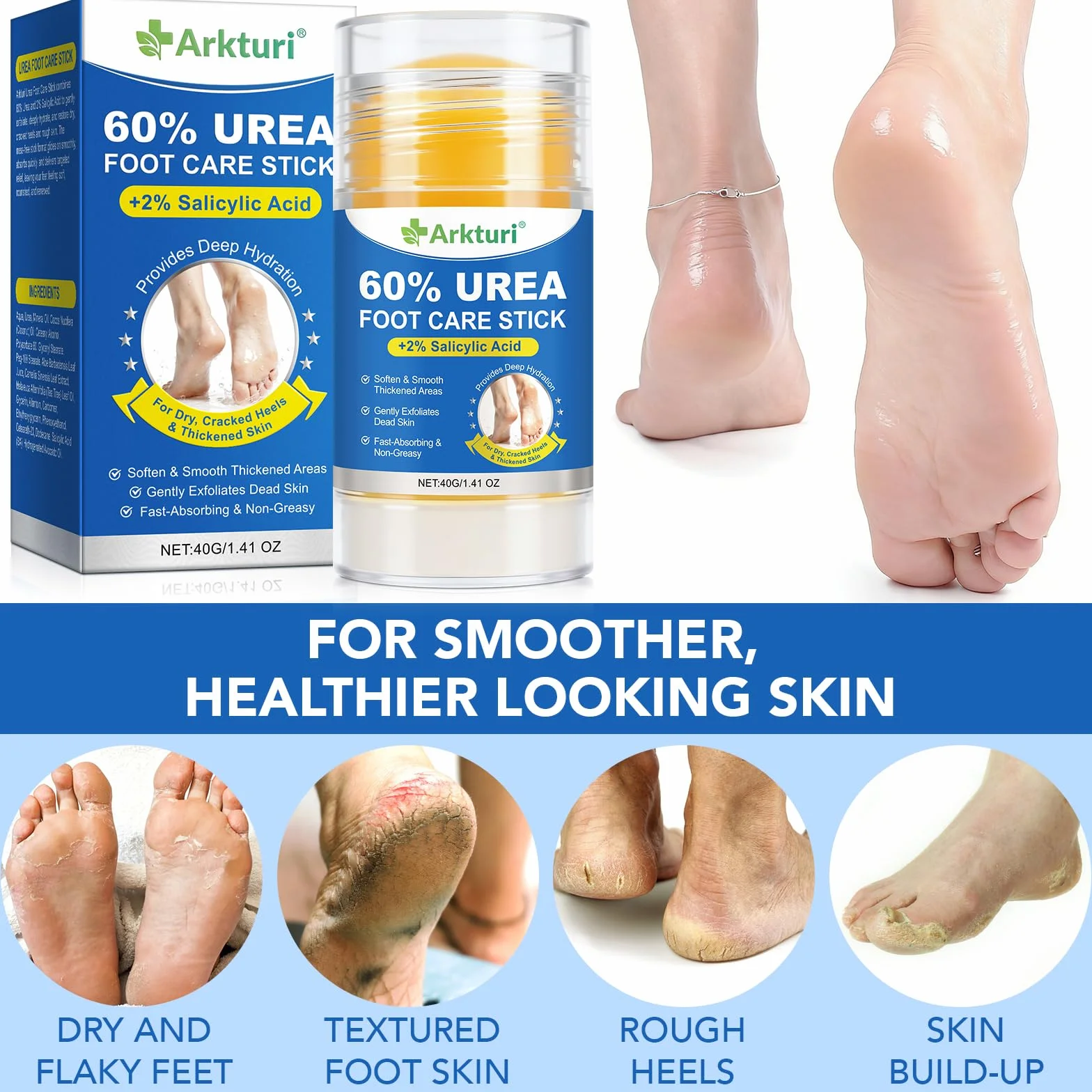 Urea Stick Pieds 40g 60% Urée Anti Callosités Talons Crevassés Très Secs Stick Réparateur Hydratant Corne Durillons Peau Rugueuse
