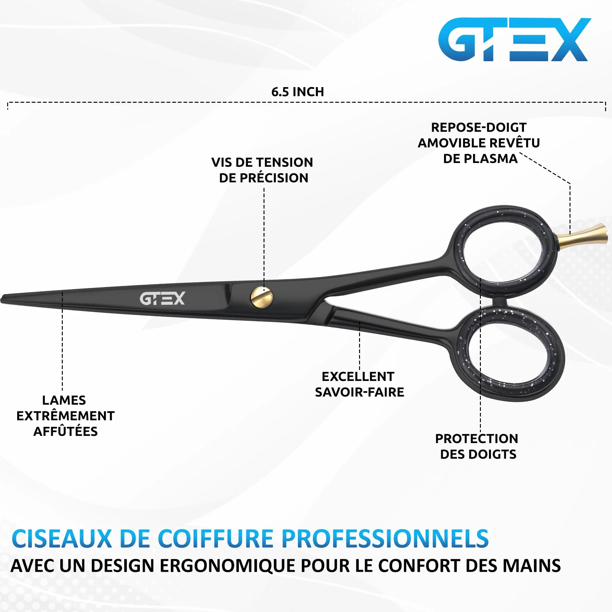 Ciseaux Coiffure Professionnel GTEX 6,5 Pouces Acier Inoxydable Haute Teneur en Carbone