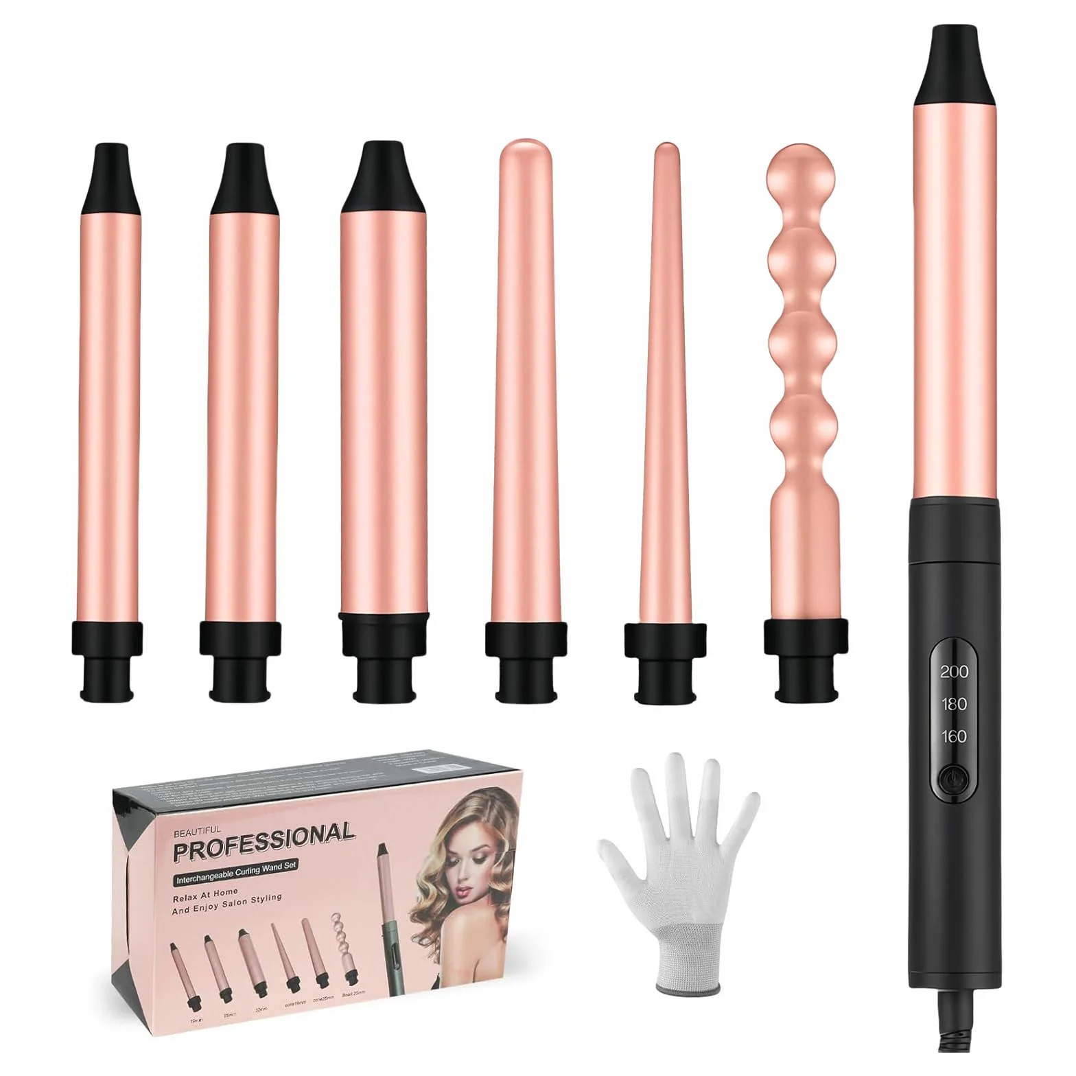Flintronic Fer à Boucler, 6 en 1 Boucleur a Cheveux, 160/180/200°C PTC Boucleur Céramique, Température Réglable, Fer à Friser avec Gant/LCD, Fer à Ondes pour Cheveux Longs Courts Fins et Epais