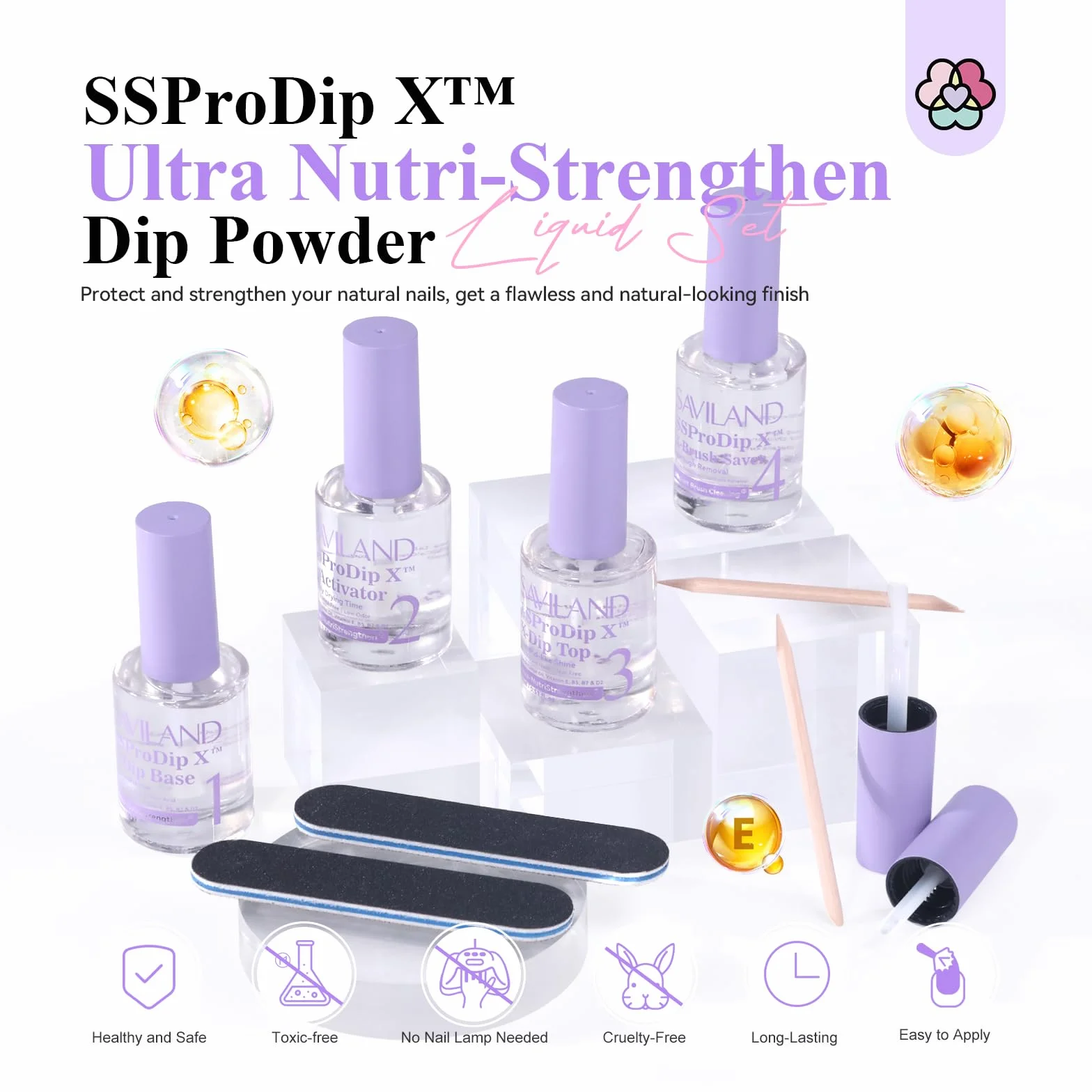 Saviland SSProDip X™ Kit Liquide de Dip Powder: Base et Finition, Protège-Pinceau, Outils à Ongles, Ensemble 15ml