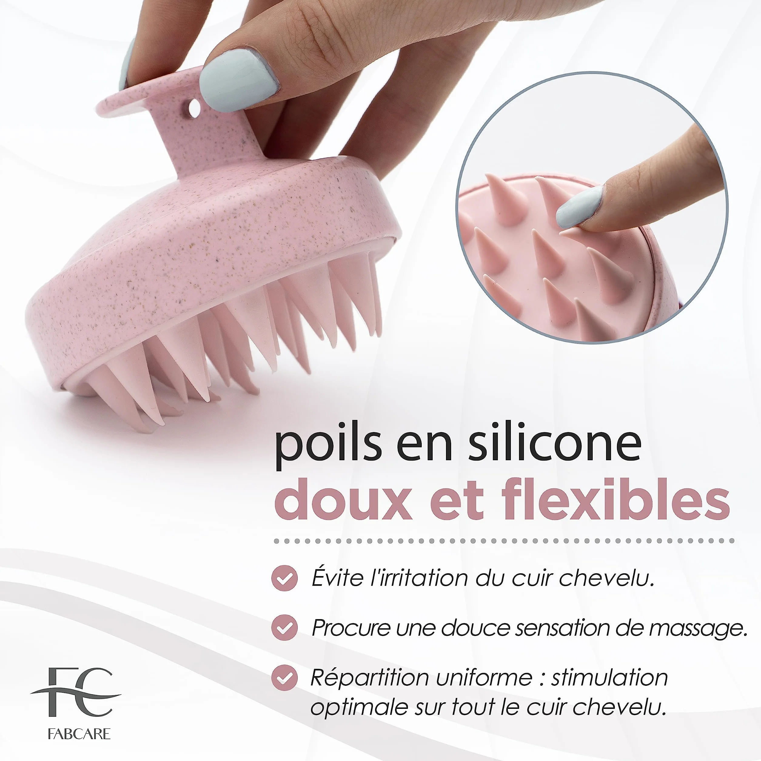 FABCARE Brosse Cuir Chevelu Masseur Pousse Cheveux Paille de Blé Silicone Gommage Humides Secs Circulation Sanguine Stimulation Massage (Rose)