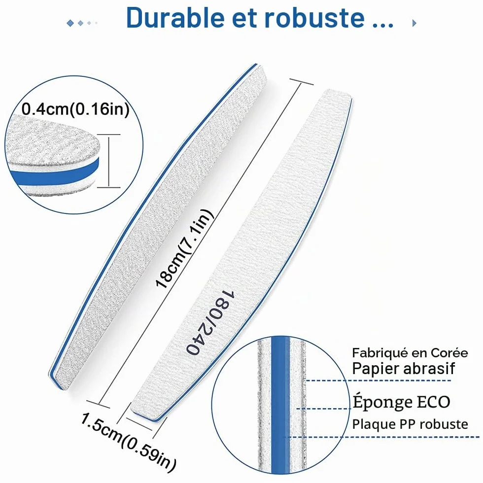 Lime à ongles professionnelle 180/240 Grit, 12Pcs Emery Board, Set lavable réutilisable