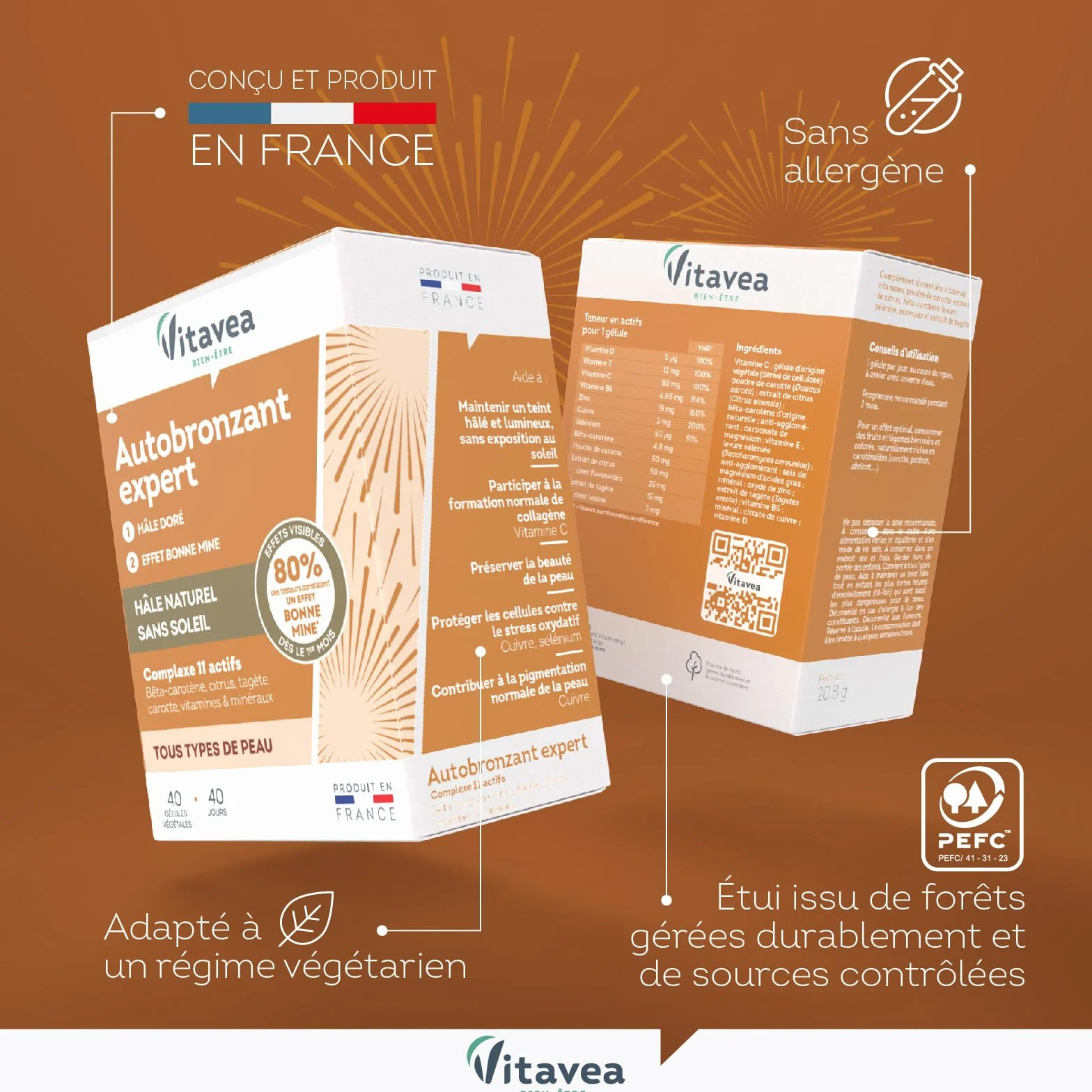 Vitavea Autobronzant Expert Hâle Doré Complément Alimentaire Bêta-Carotène Zinc Vitamines 40 Gélules
