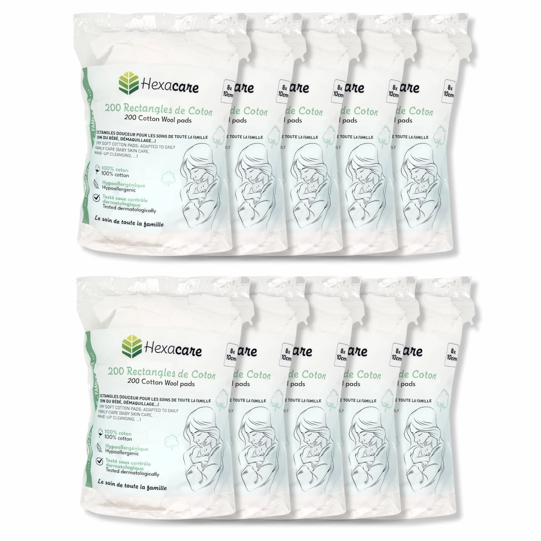 Hexacare Lot de 10 Paquets de 200 Rectangles de Coton 8x10 cm Extra Doux pour Bébé et Démaquillage 100% Fibres Naturelles Hypoallergénique
