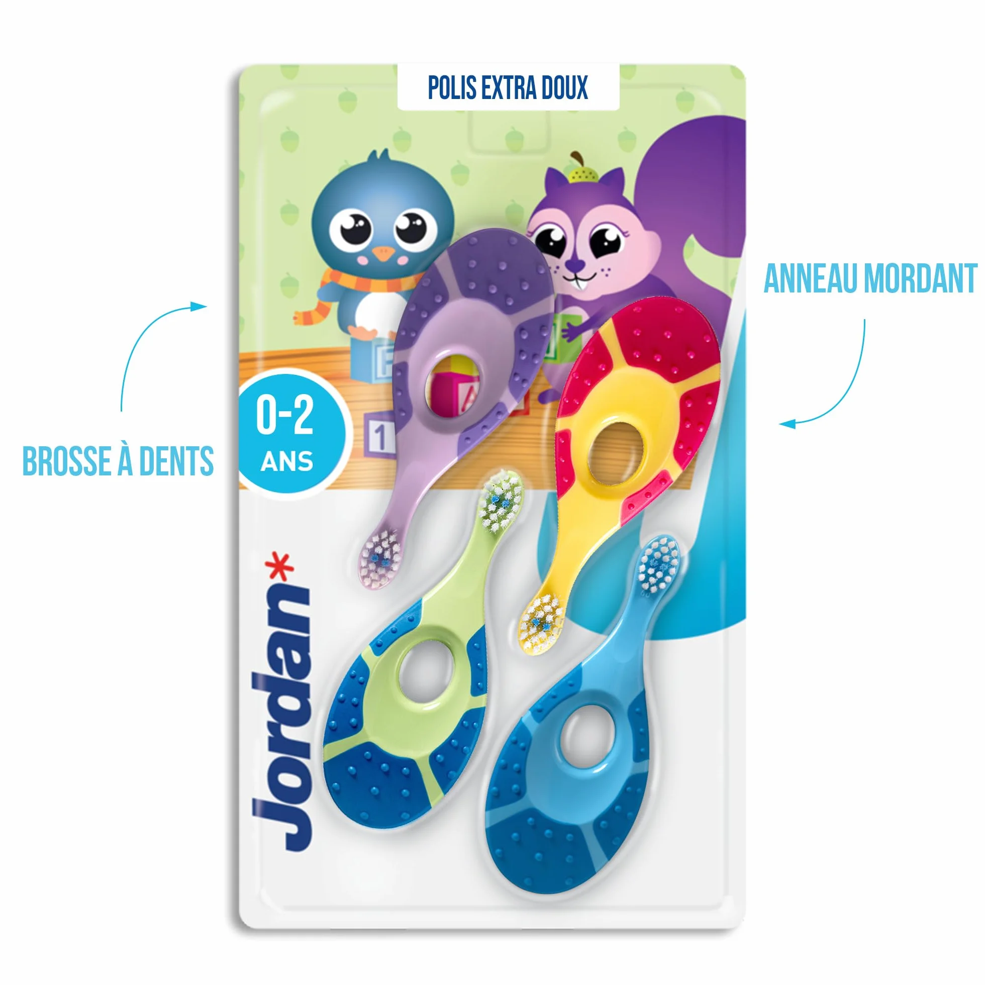 Jordan Brosse à dents bébés 0-2 ans poils extra doux anneau morsure gencives Bleu Vert 4 unités