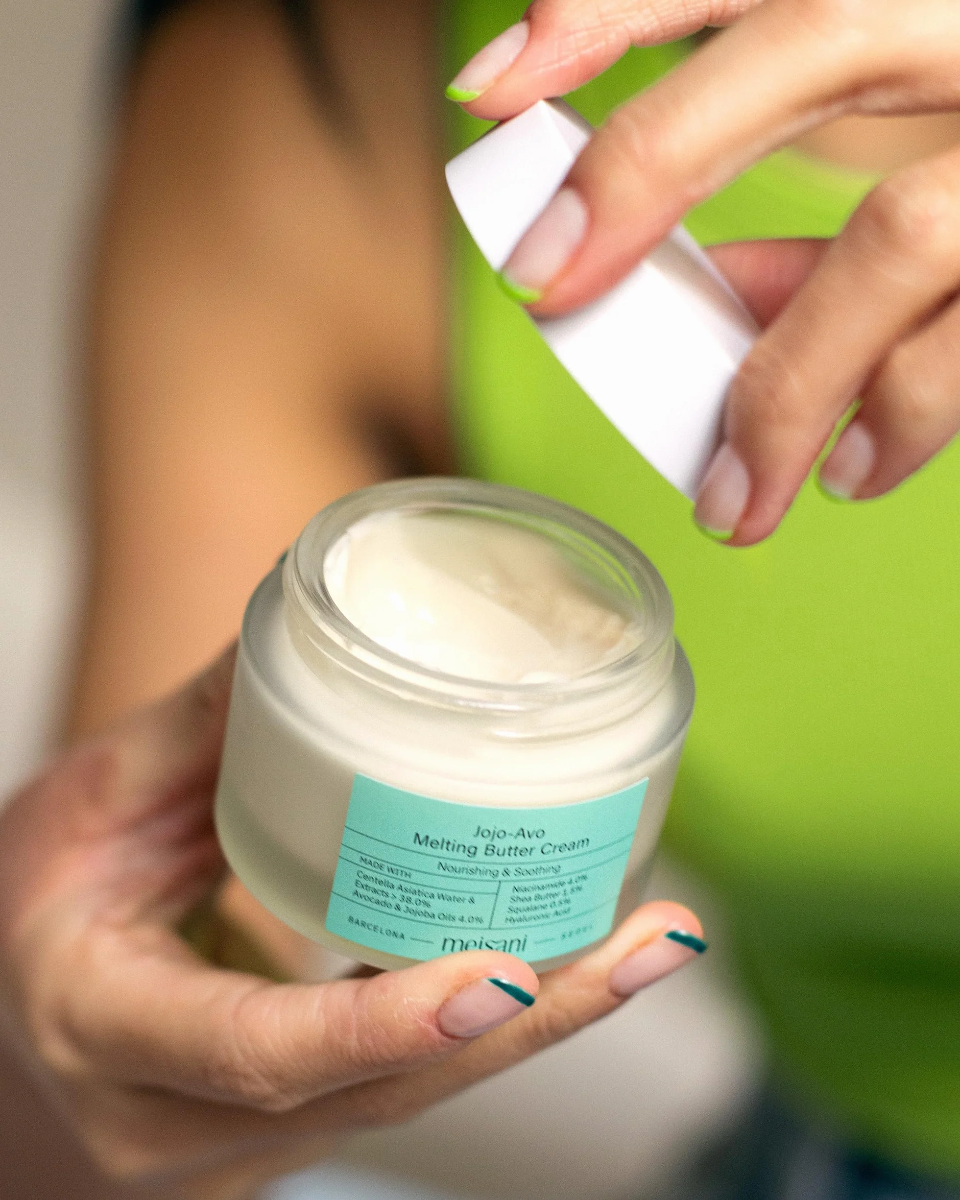 Meisani Jojo-Avo Melting Butter Cream, Crème hydratante et nourrissante à l'avocat et à la centella asiatica pour peaux sensibles et déshydratées, 50 ml