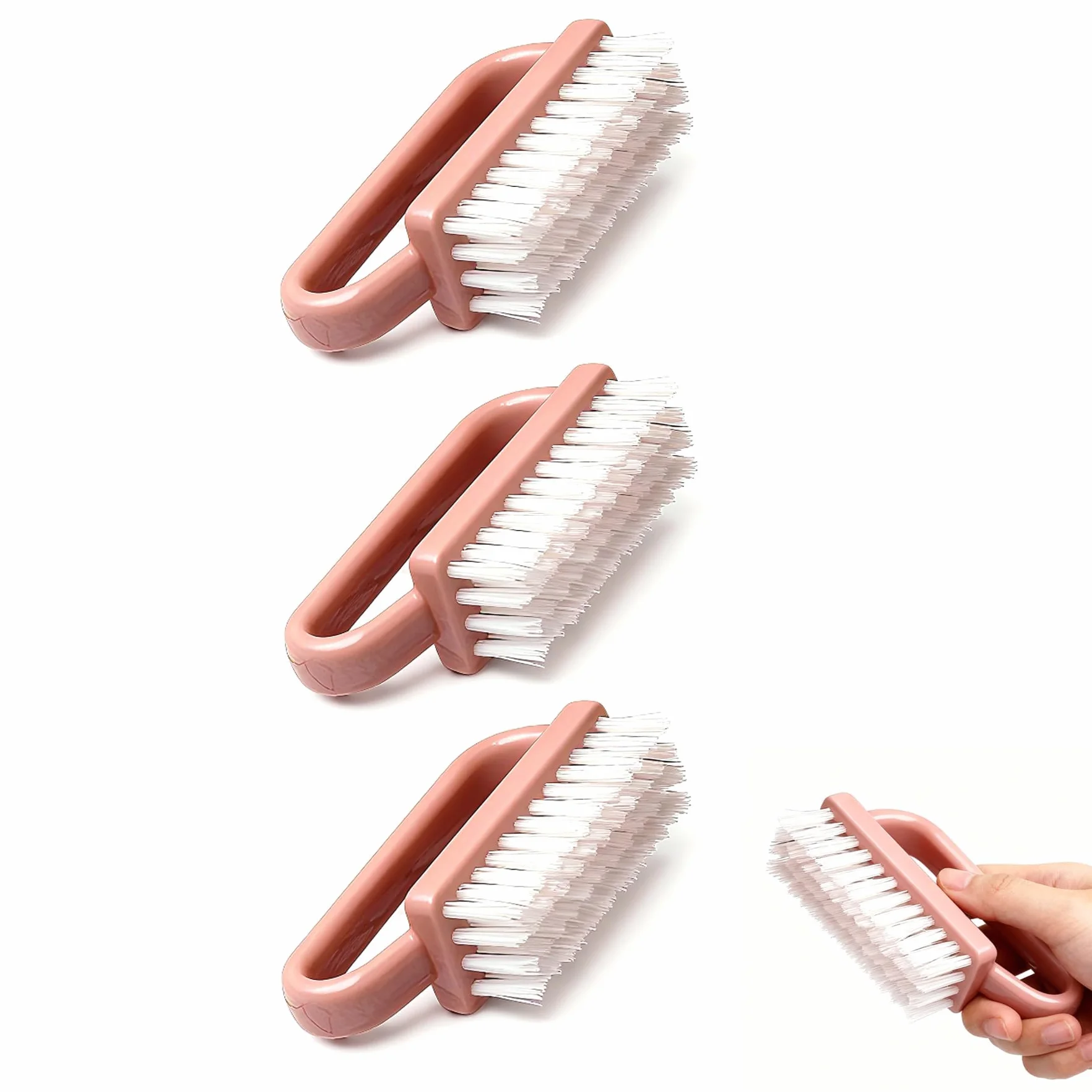 Brosse à Ongles 3 Pièces Poignée Plastique Nettoyage Ongles Quotidien Pinceau Nail Art Rose