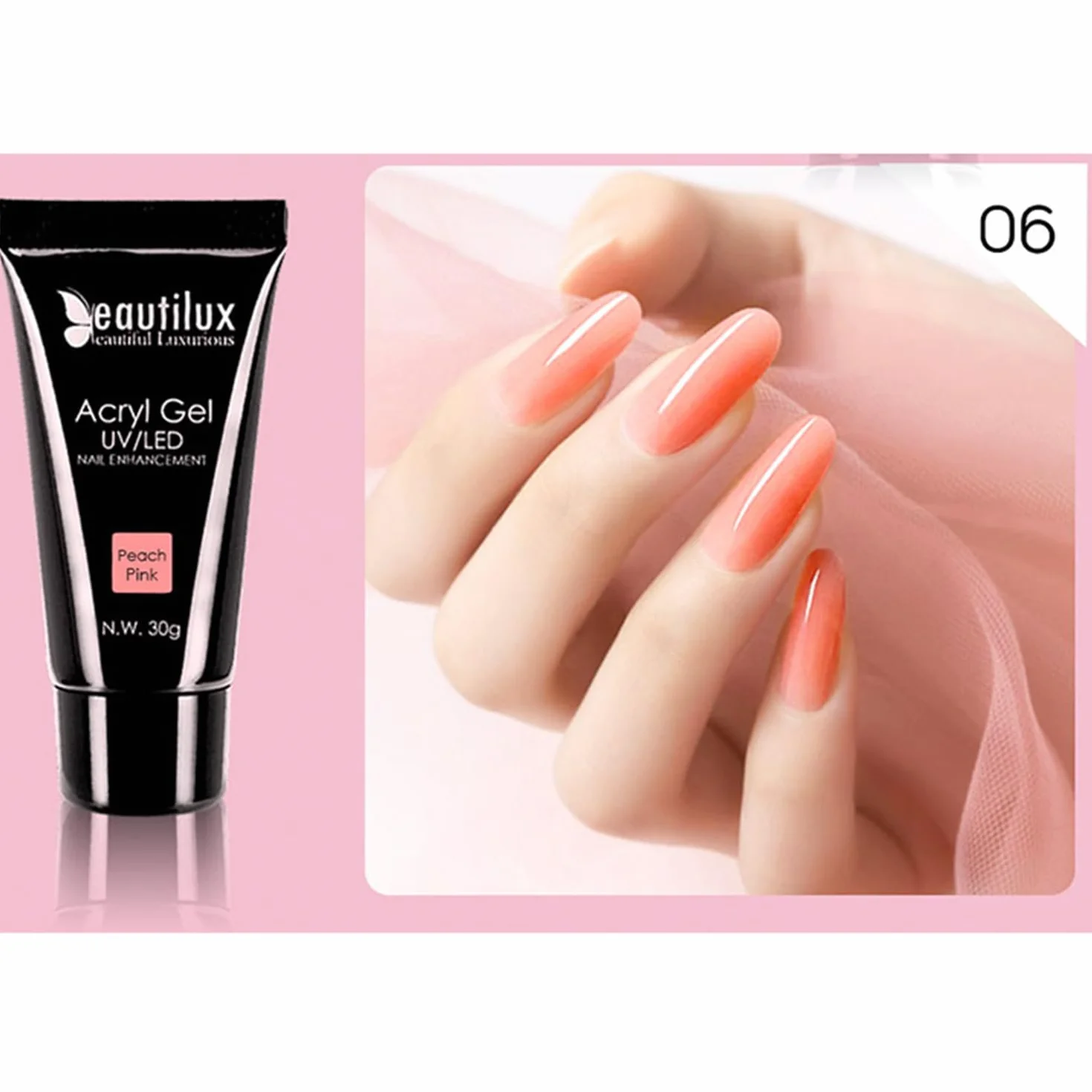 Beautilux Acrylique Gel Nail Peach Pink 30g Long Lasting Acrygel Extender Gel