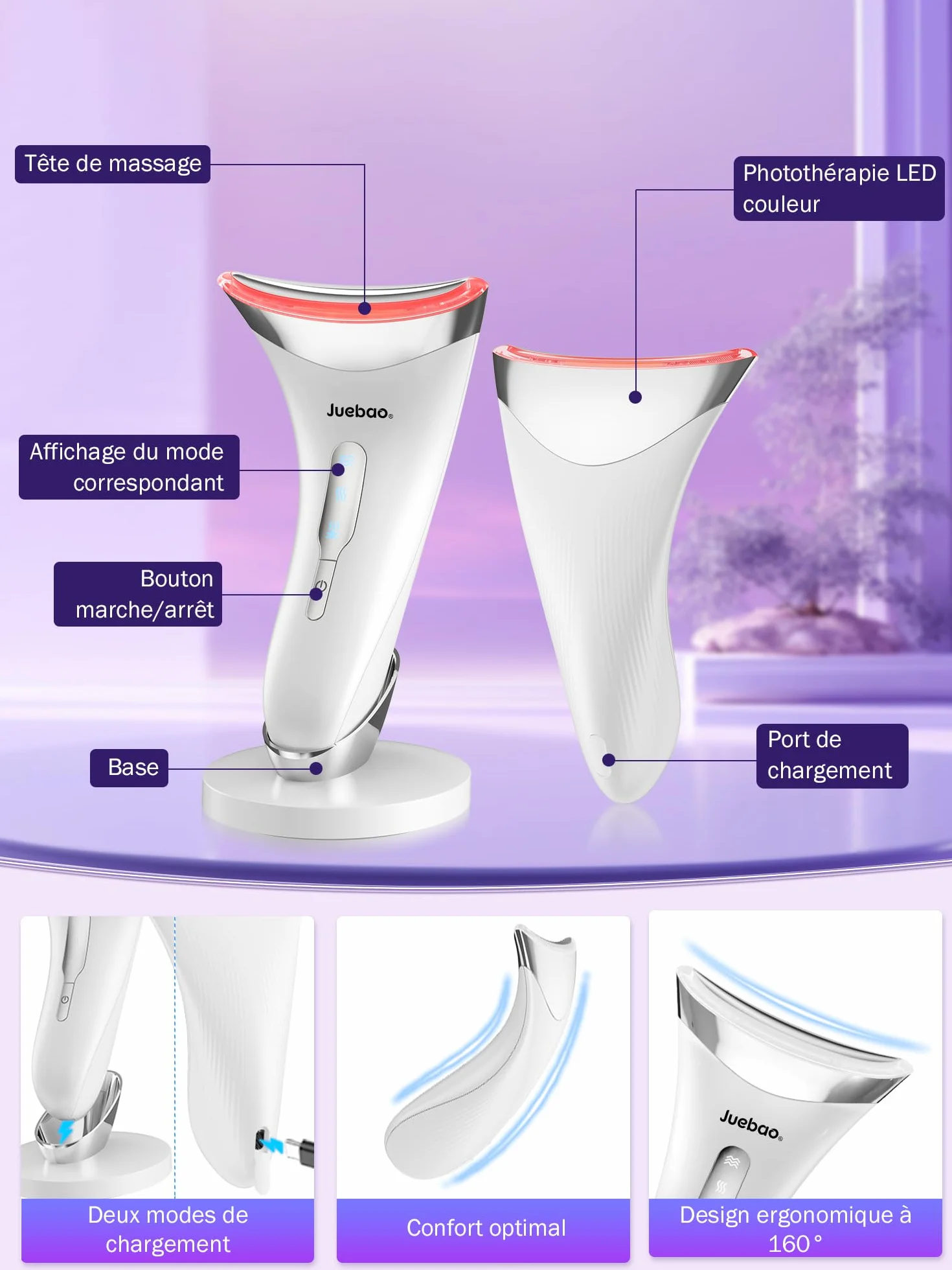 Appareil Anti Rides Visage Massage: Masseur Facial Électrique pour Lifting Visage et Double Menton 3 Modes LED - Chauffage à 45℃ EMS pour Raffermissement du Visage et du Cou - Anti-Âge pour Femmes