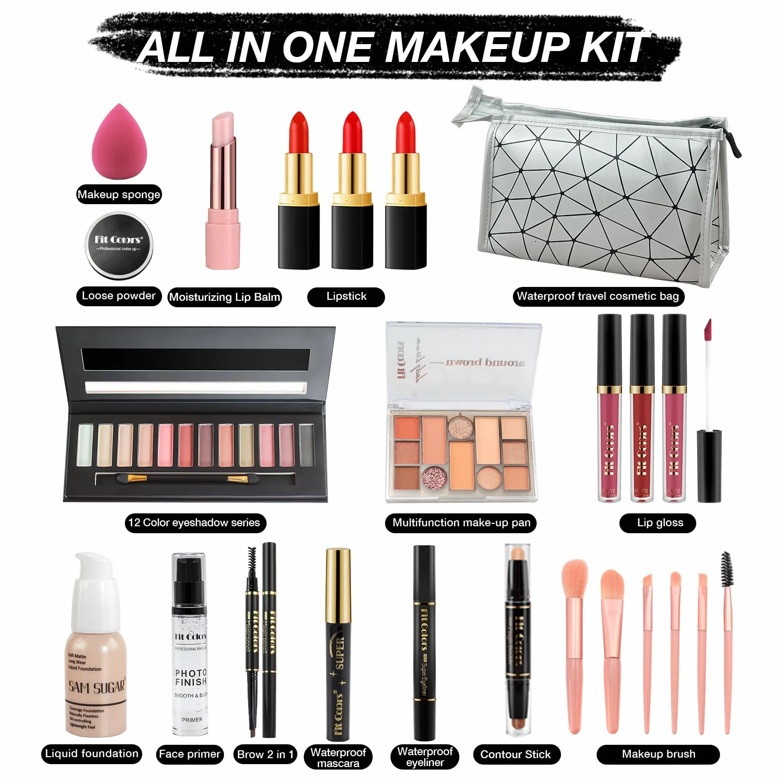 Proamate Ensemble de maquillage tout-en-un, kit de démarrage cosmétique avec sac de rangement portable, palette de maquillage de voyage, fard à paupières, fond de teint, brillant à lèvres, ensemble de