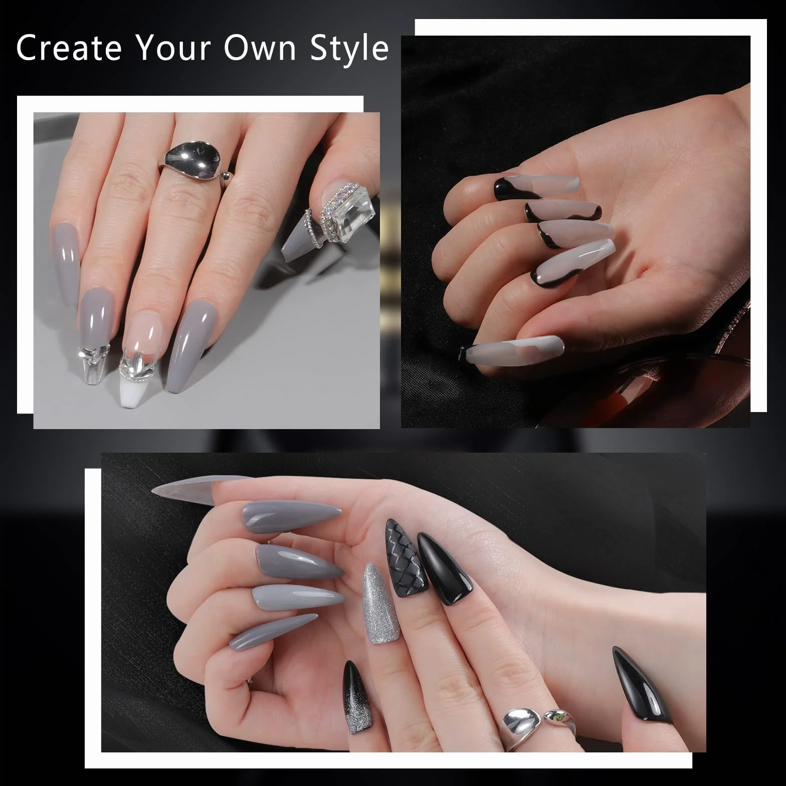 Aokitec Kit de Poudre à Ongles 14Pcs 8 Couleurs Noir Blanc Paillette Acrylique avec Pinceau Nail Art Manucure