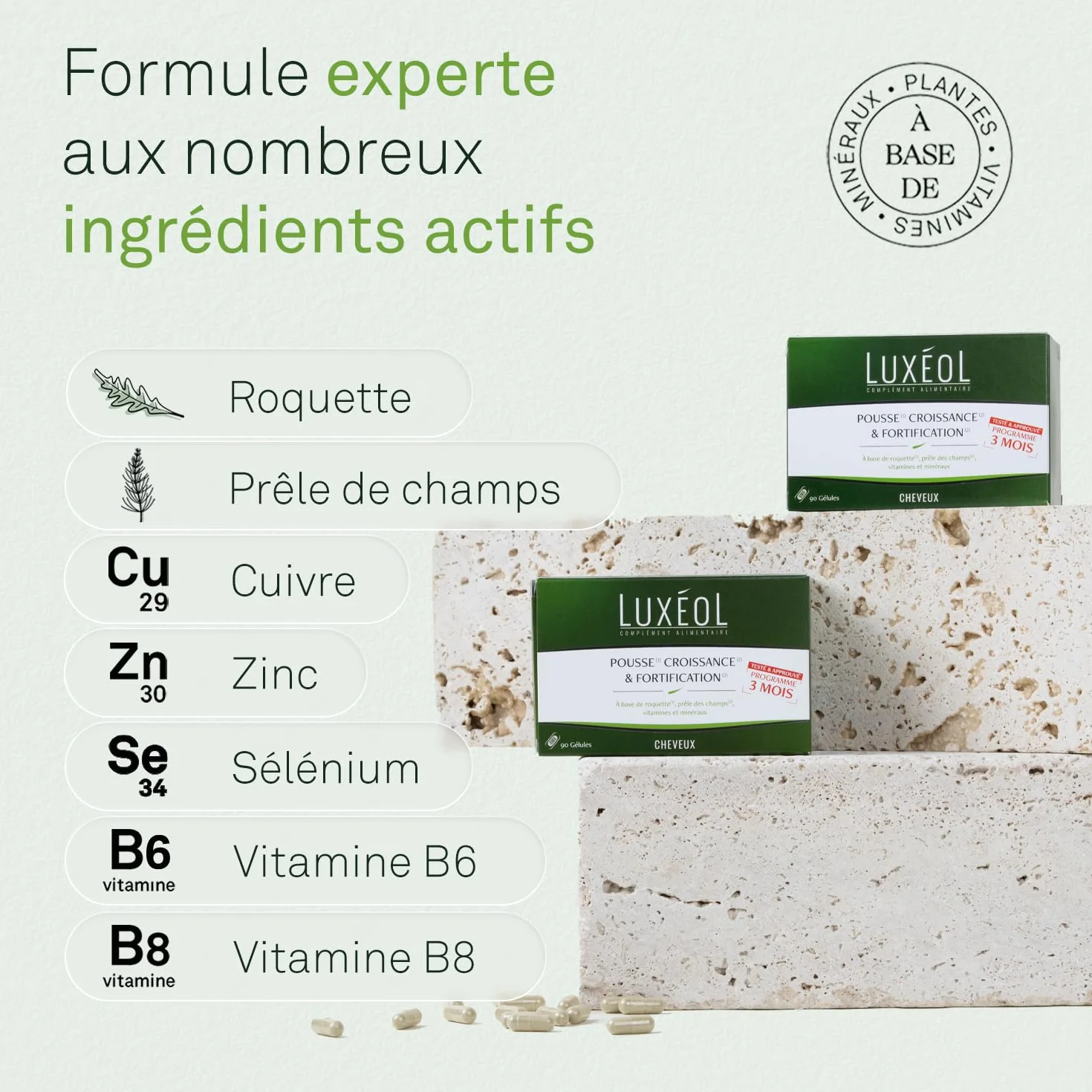 LUXÉOL Pousse Croissance & Fortification Complément Alimentaire Roquette Prêle Des Champs Zinc Cuivre Sélénium Vitamine B8 B6 90 Gélules