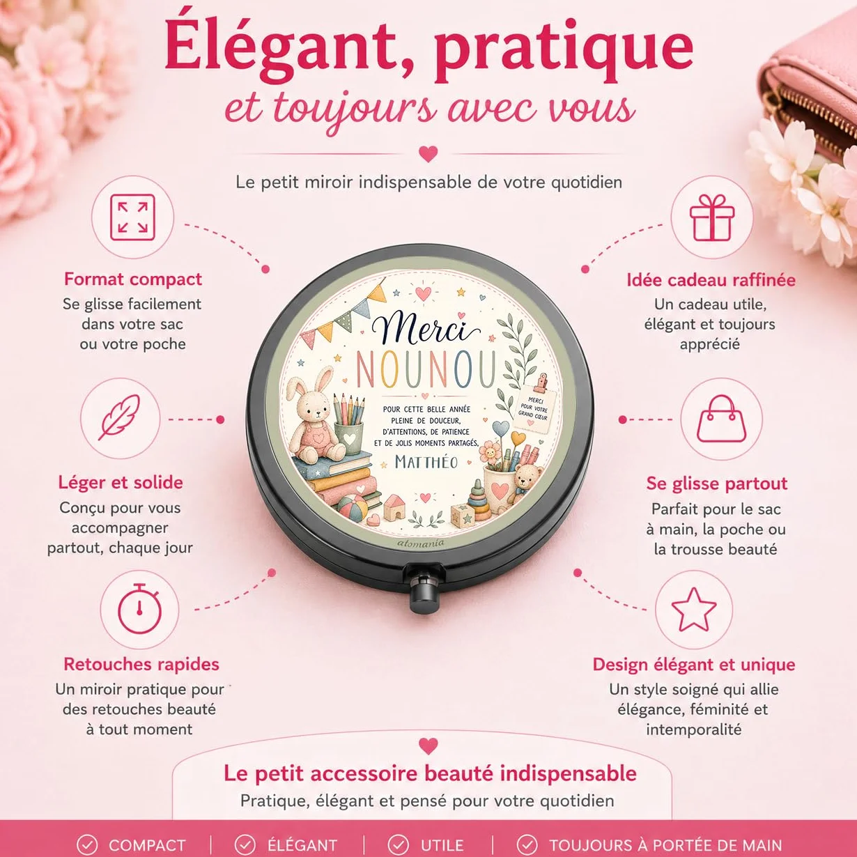 Miroir de Poche Personnalisé Cadeau Nounou Fin d'Année avec Prénom – Cadeau Assistante Maternelle Original