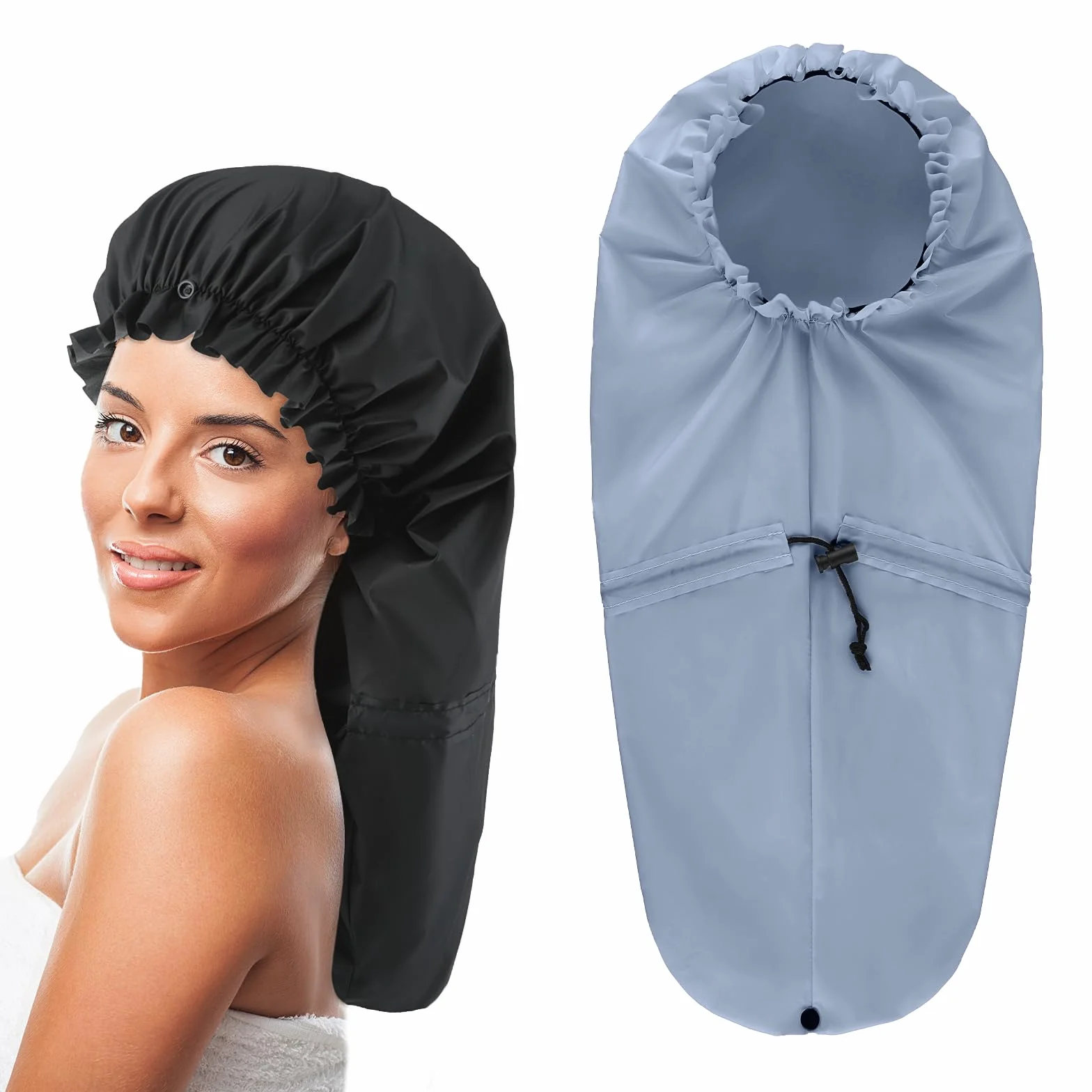 Lot de 2 grands bonnets de douche pour tresses, bonnet de douche extra long pour cheveux longs et dreadlocks pour femmes et hommes (noir, gris)