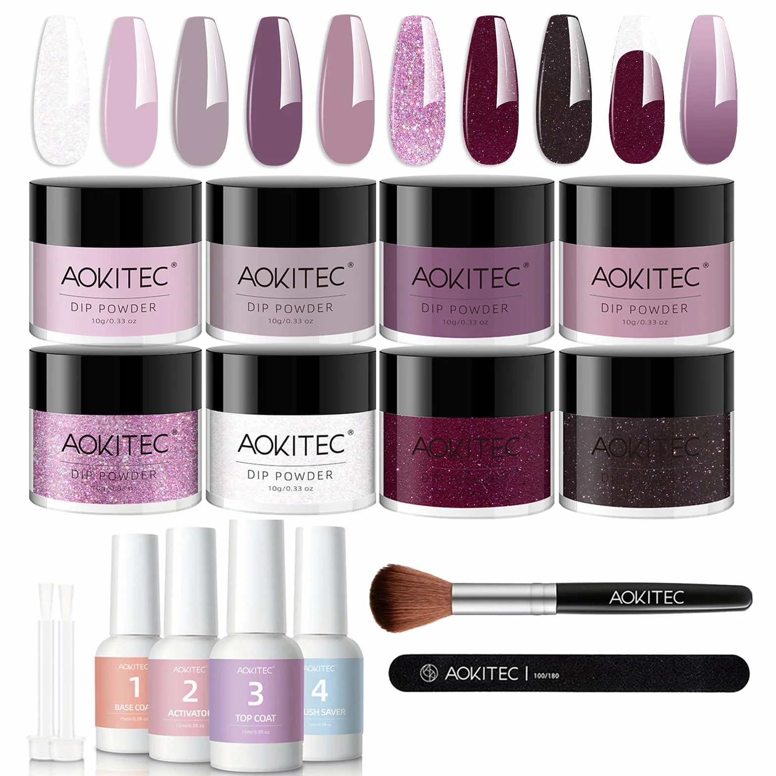 Aokitec Ensemble de 14 poudres à tremper pour ongles, poudre acrylique paillettes lilas avec base, activateur, pinceau protecteur