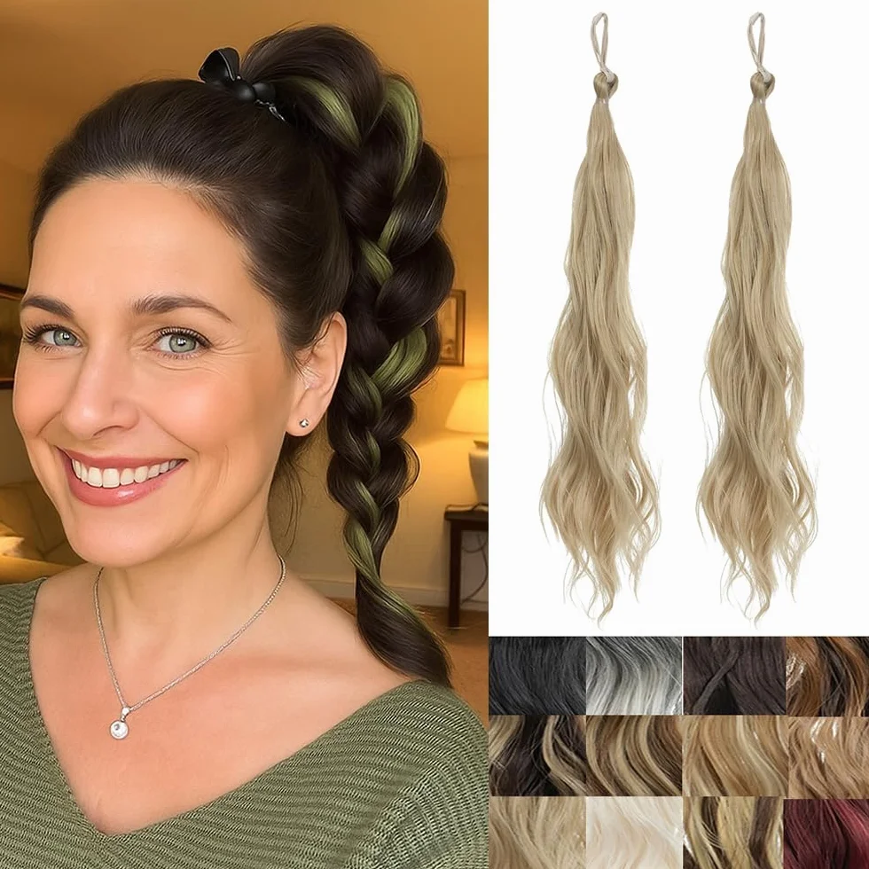 2-teilige geflochtene Perücke, postiche avec élastiques ondulés et bouclés, chignon synthétique et queue de cheval, extensions de cheveux, postiche épais pour femmes（Ash Blonde）