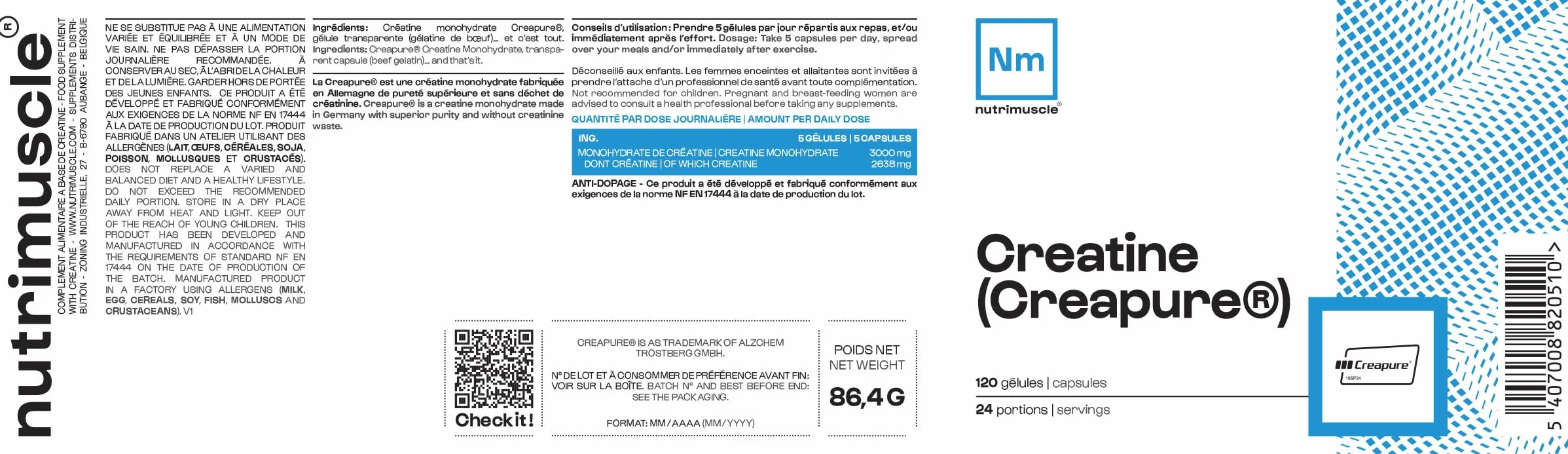 Créatine Monohydrate Creapure 120 Gélules Nutrimuscle Prise de Masse Musculaire Force