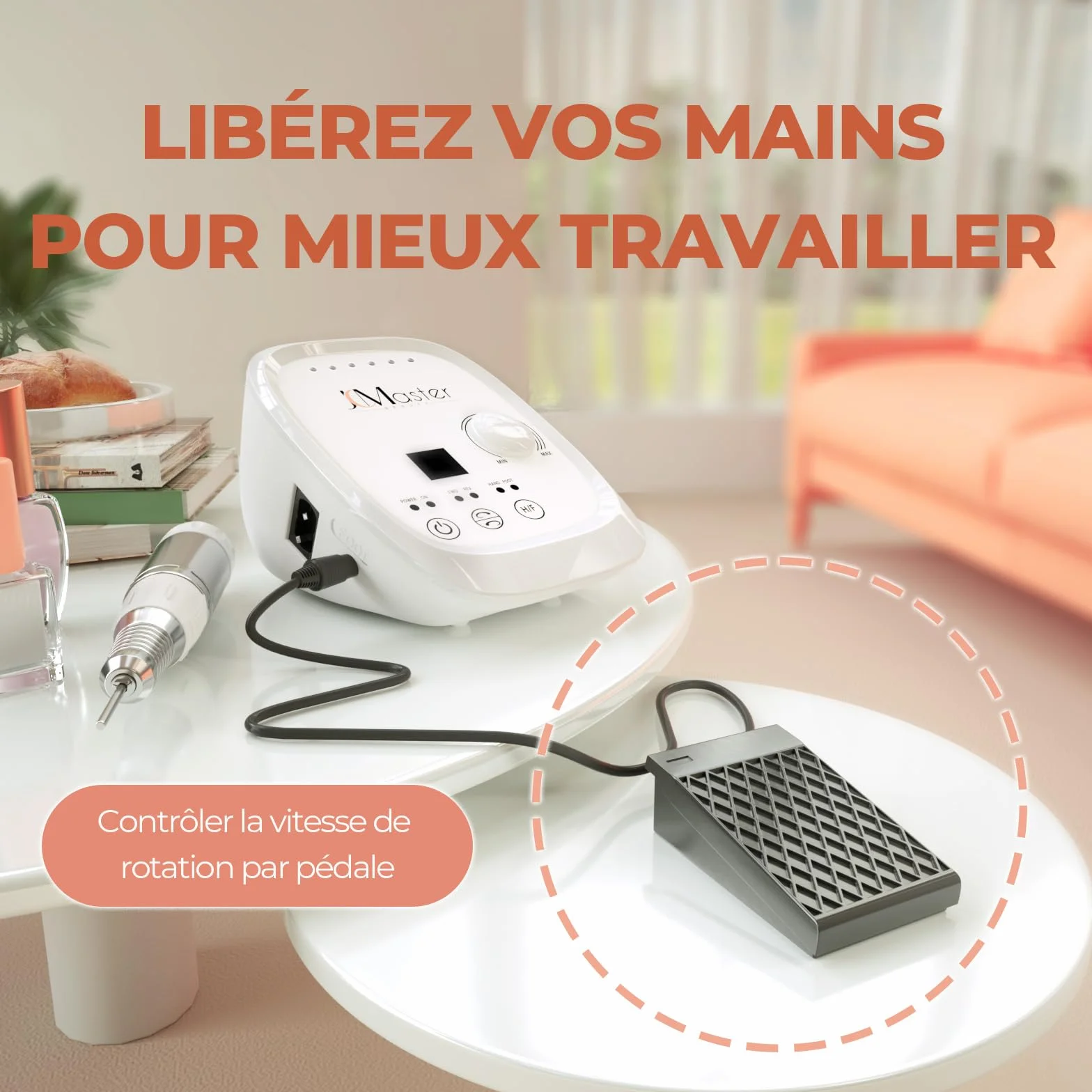 JCMASTER Ponceuse pour Ongles Professionnelle, 35000 tr/min Lime à Ongles Électrique avec Pédale + 6 Embouts Set Manucure Pédicure pour Retirer le Vernis/Gel/Cuticules