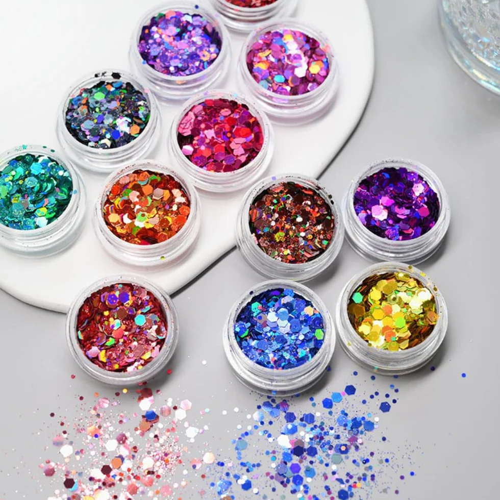 Paillettes pour ongles et maquillage yeux, 24 couleurs holographiques épaisses, lot art de l'ongle fête