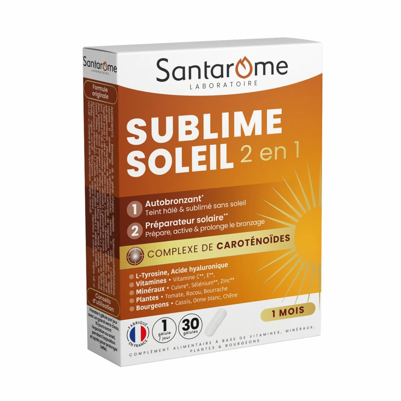 Santarome Bio Sublime Soleil 2 en 1 Autobronzant Préparateur Solaire Complément Alimentaire Solaire Caroténoïdes Plantes 30 gélules