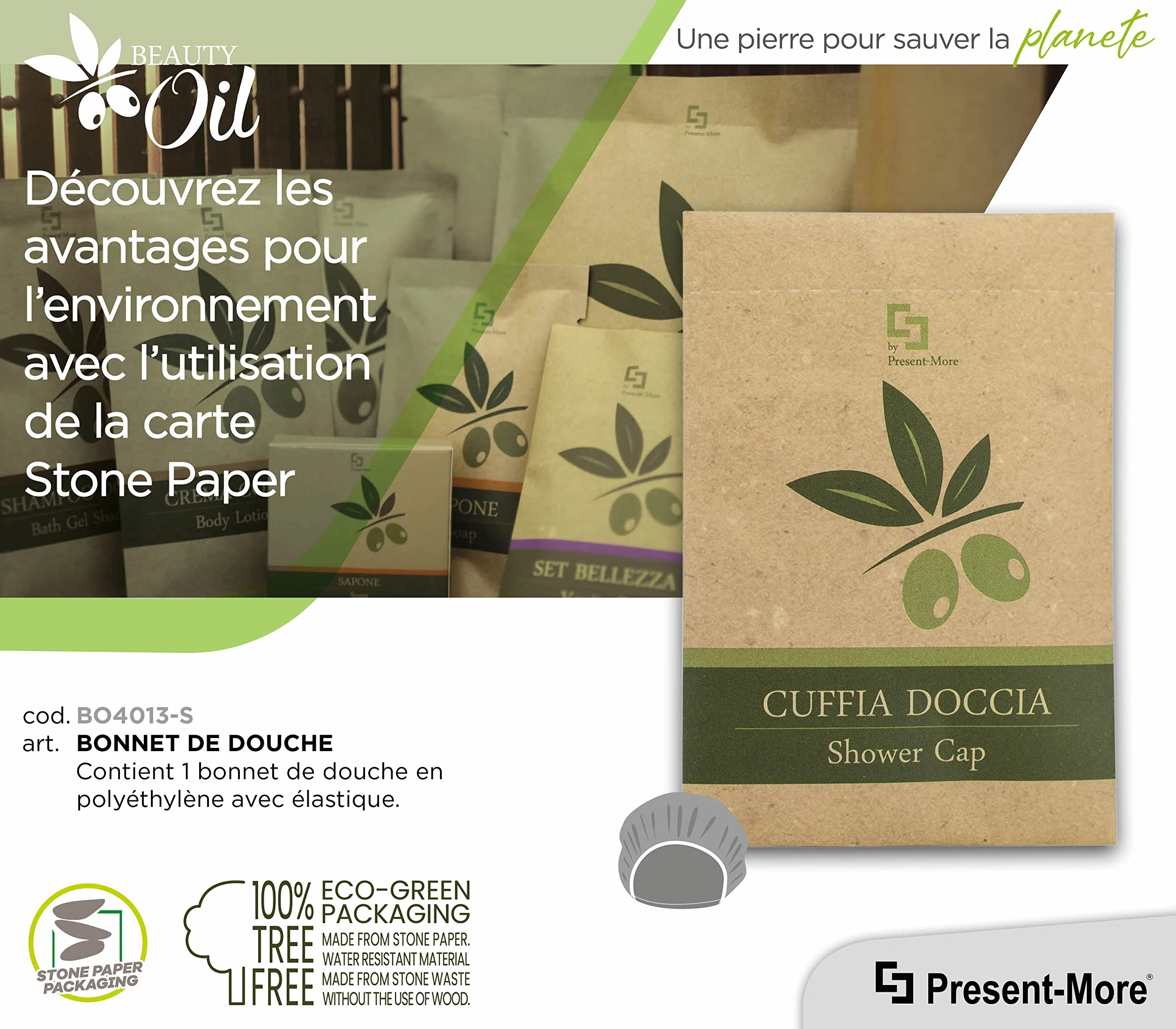 PRESENT-MORE Bonnet Douche 250 Pièces Polyéthylène Élastique Emballage Écologique Stone Paper
