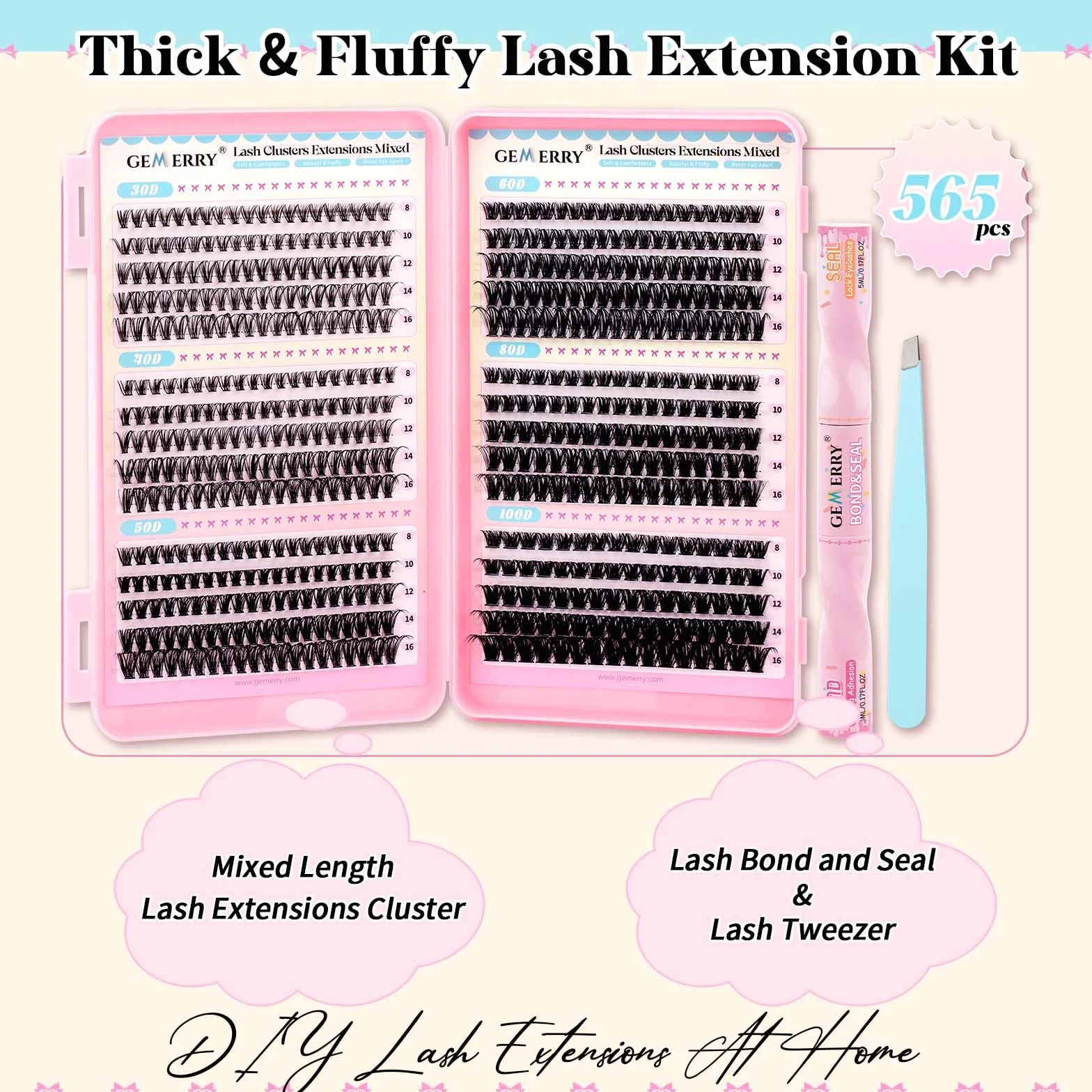 GEMERRY Kit Faux Cils Individuel 30D-100D Extension Cils Bouquet Volume Russian Colle et Applicateur Pince D Curl 8-16mm
