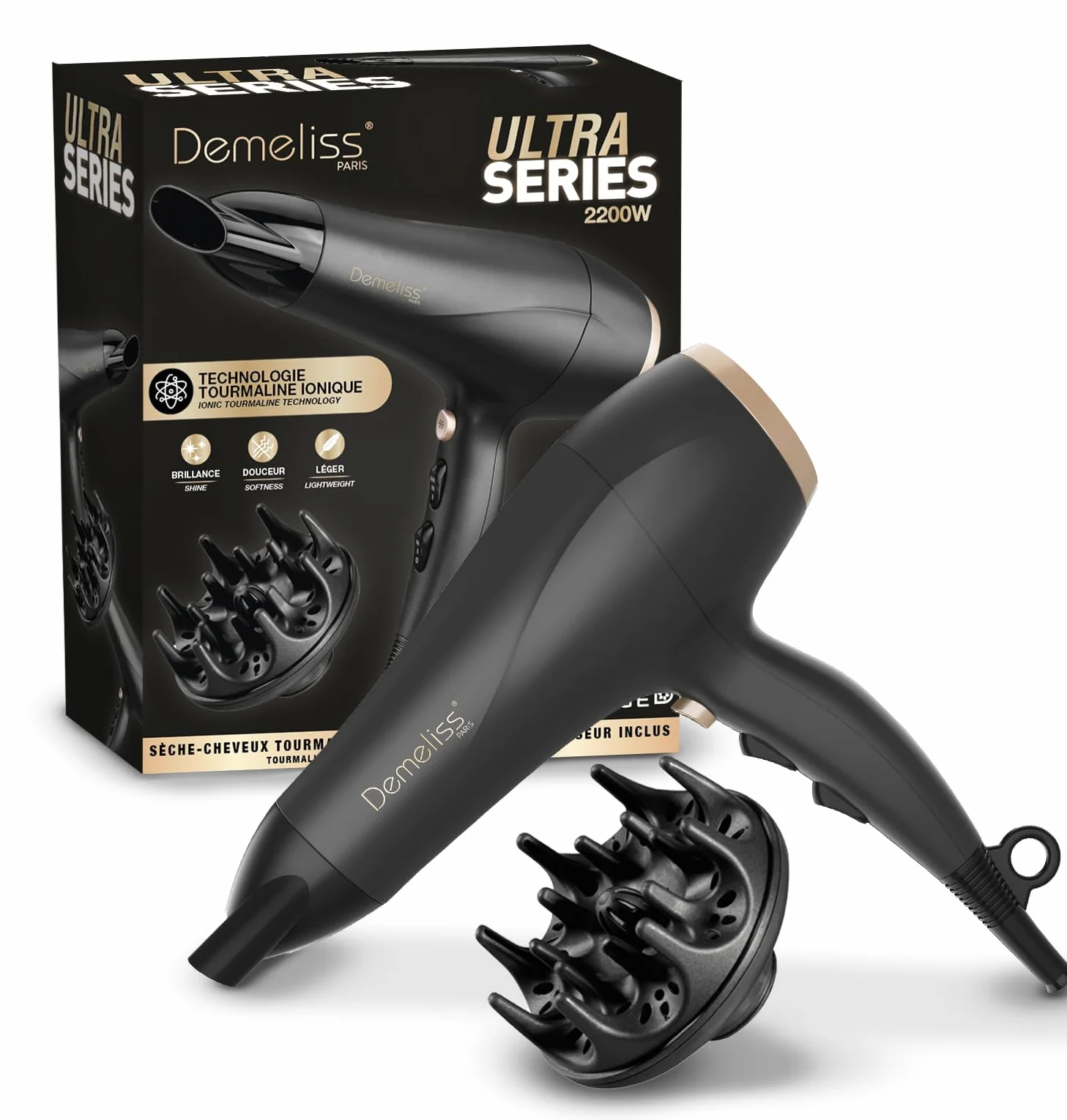 Demeliss Saint Algue Sèche Cheveux 2200W – 2 Vitesses, 3 Températures – Technologie Tourmaline Antifrisottis – Concentrateur, Diffuseur Inclus – Léger Et Puissant – Accessoire Coiffure Brillante