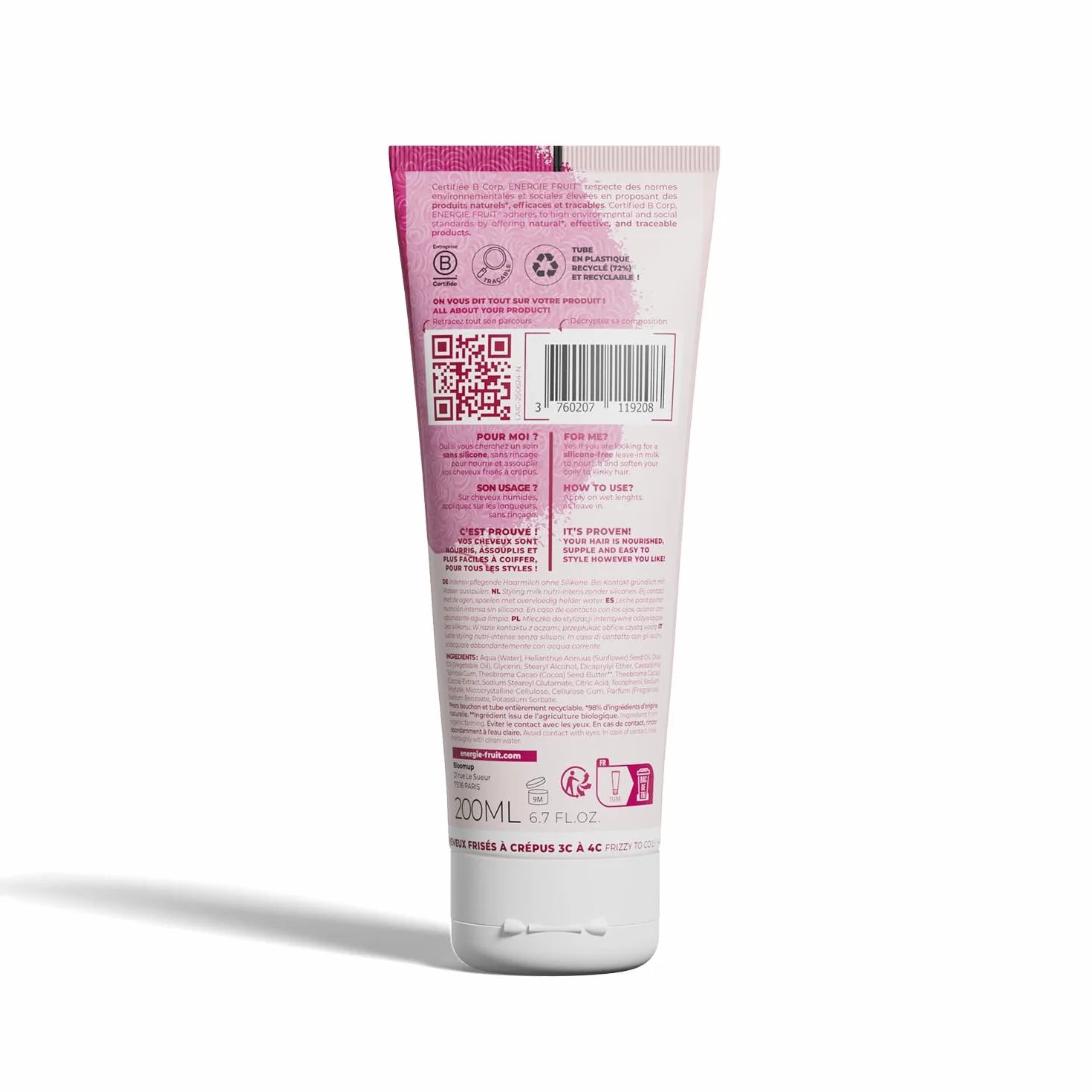 Lait coiffant sans silicone ENERGIE FRUIT Beurre & poudre de cacao Cheveux Frisés Crépus Vegan 200 ml